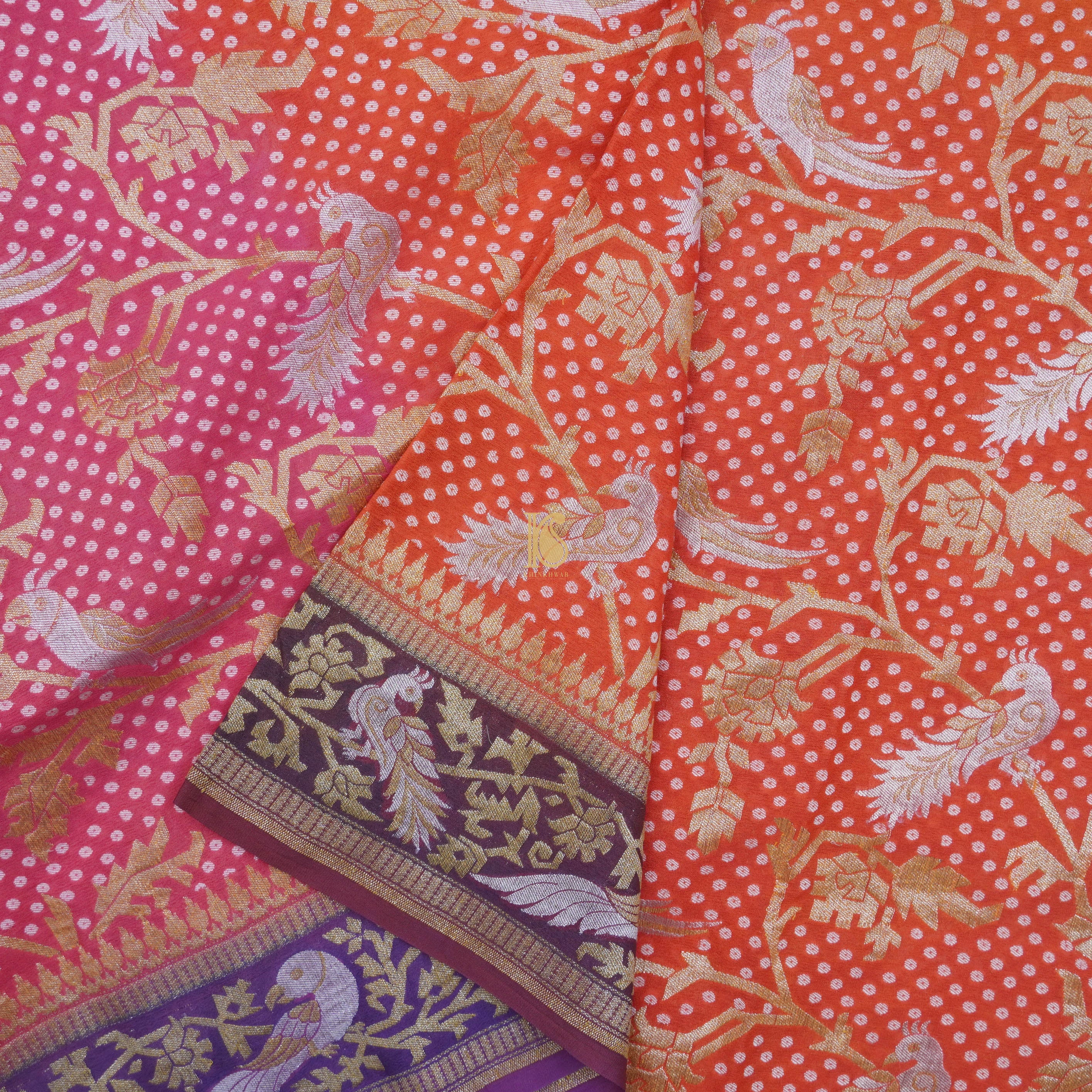 Purple, Pink & Orange Pure Georgette Shikargah Banarasi Dupatta - Khinkhwab