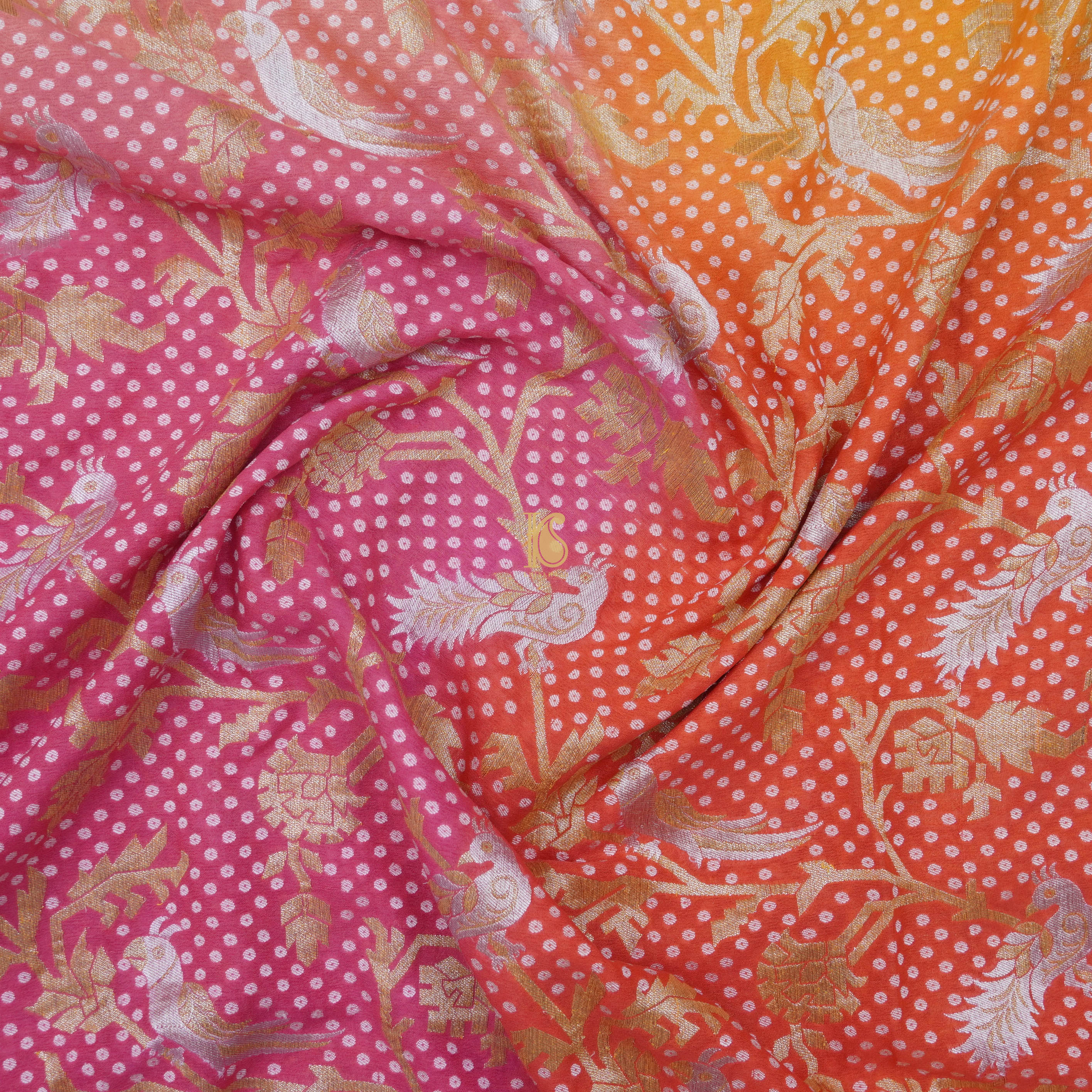 Purple, Pink & Orange Pure Georgette Shikargah Banarasi Dupatta - Khinkhwab