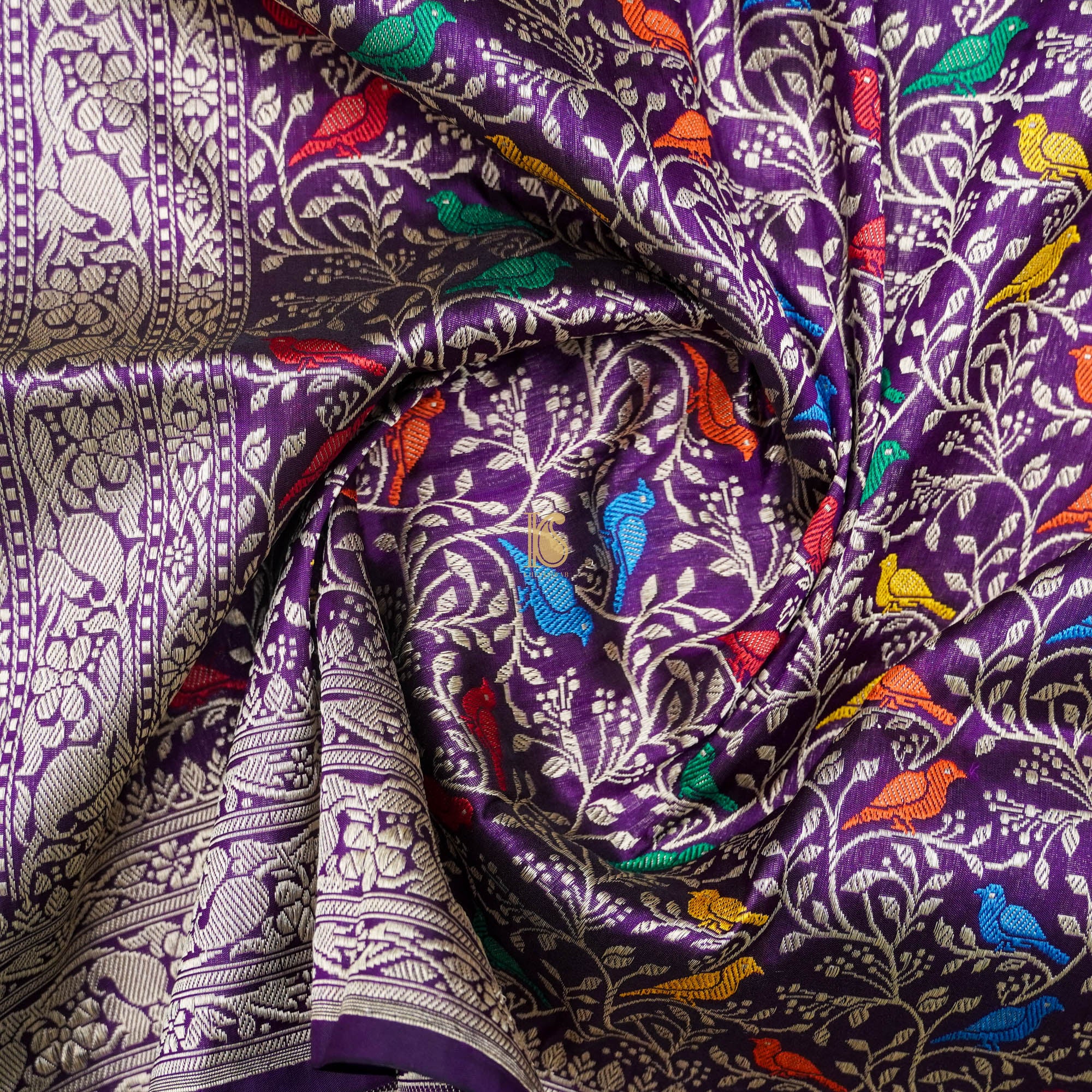 Purple Pure Katan Silk Handwoven Banarasi Jaal Bird Dupatta - Khinkhwab