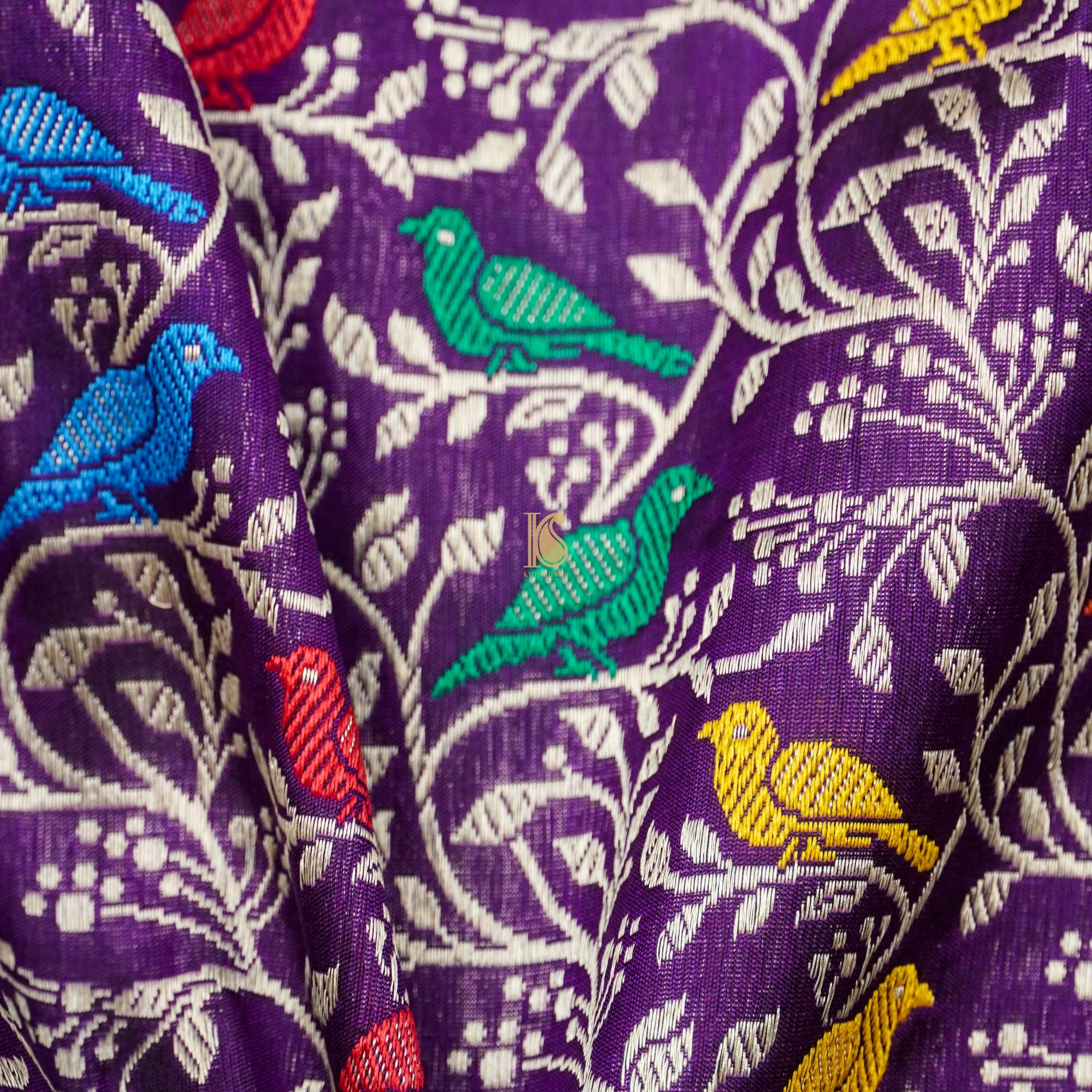 Purple Pure Katan Silk Handwoven Banarasi Jaal Bird Dupatta - Khinkhwab