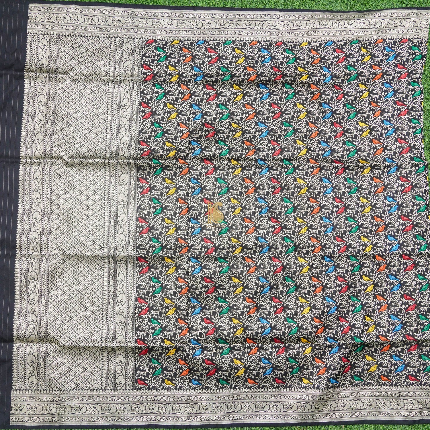 Black Pure Katan Silk Handwoven Banarasi Jaal Bird Dupatta - Khinkhwab