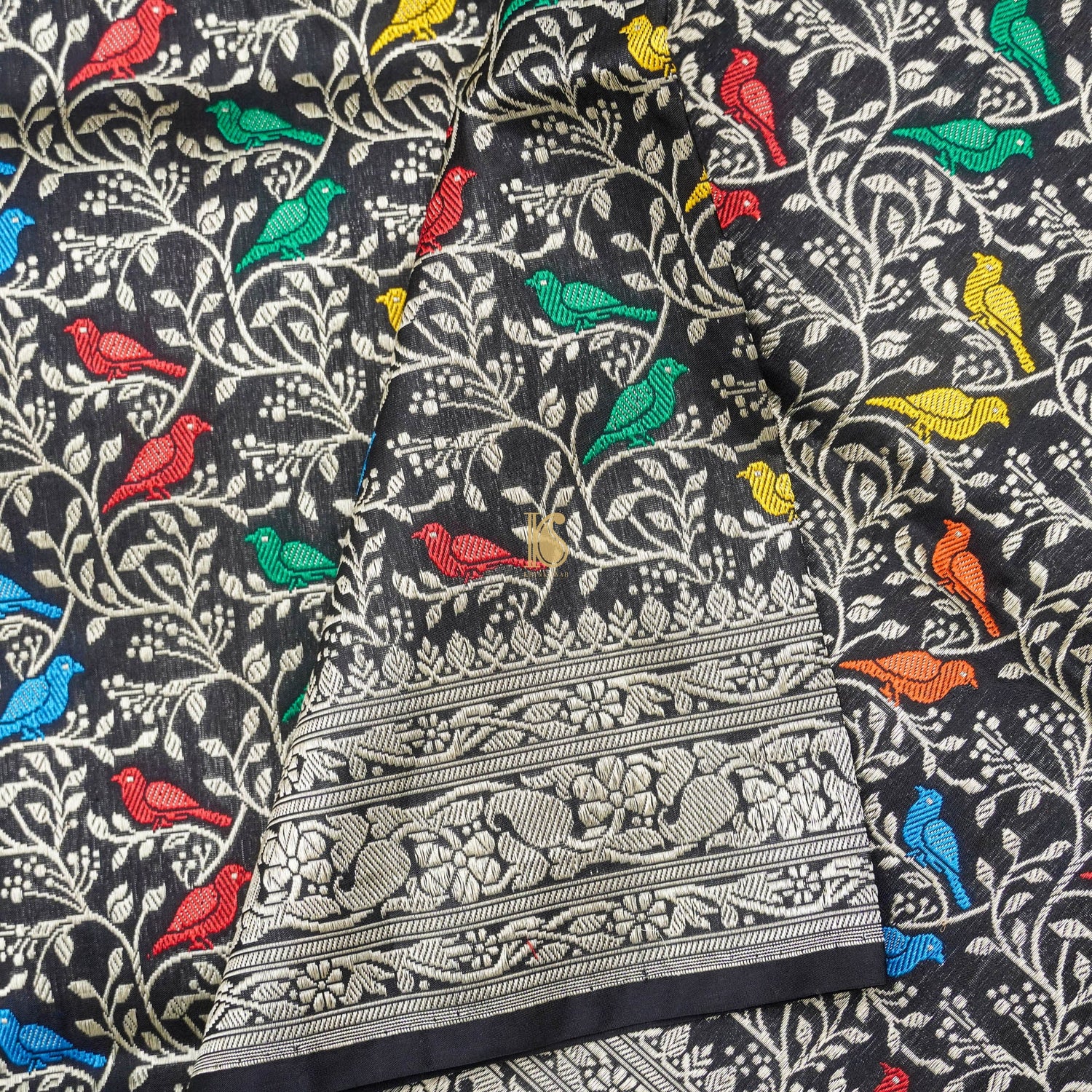 Black Pure Katan Silk Handwoven Banarasi Jaal Bird Dupatta - Khinkhwab