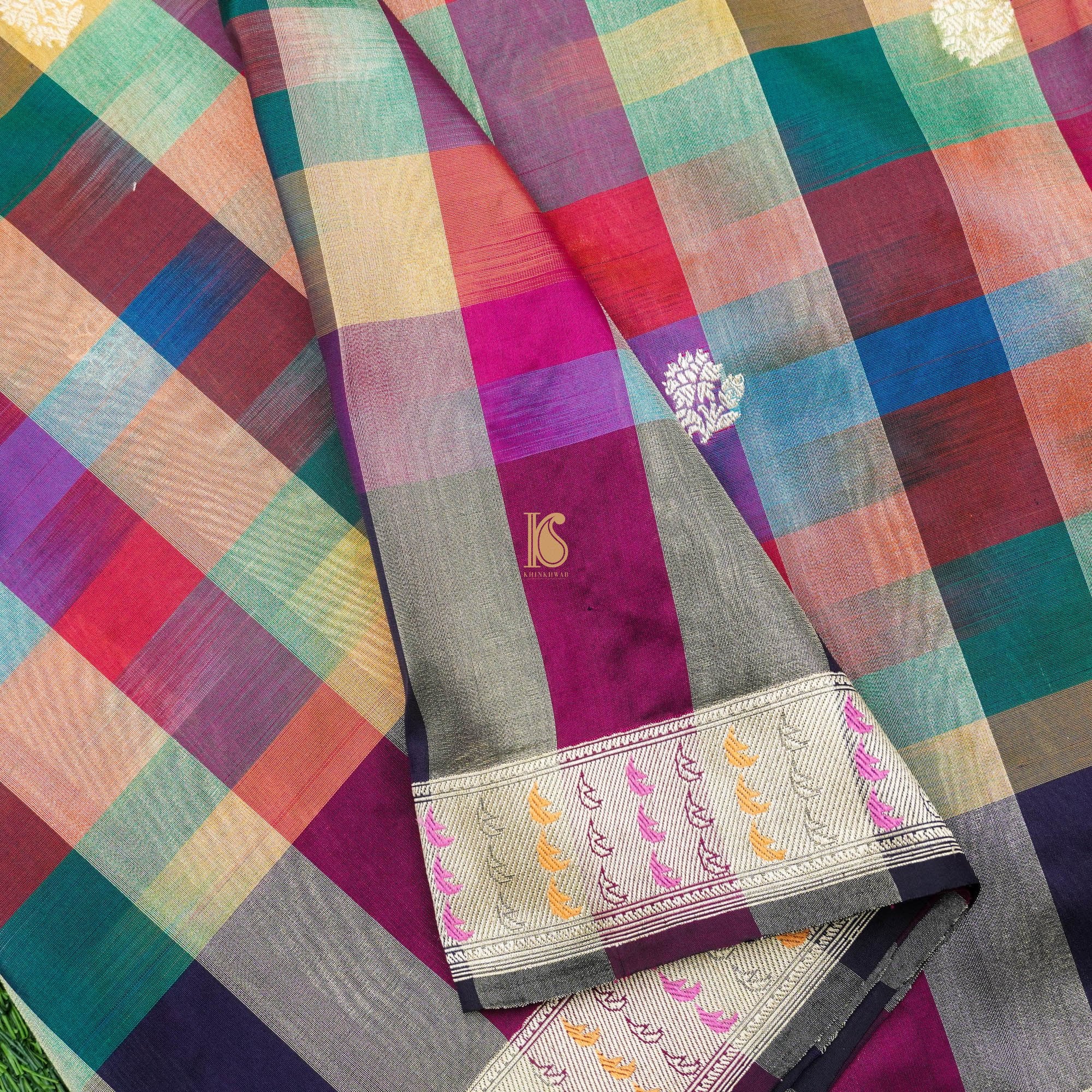 Pure Katan Silk Banarasi Kadwa Rangkat Handloom Check Saree - Khinkhwab