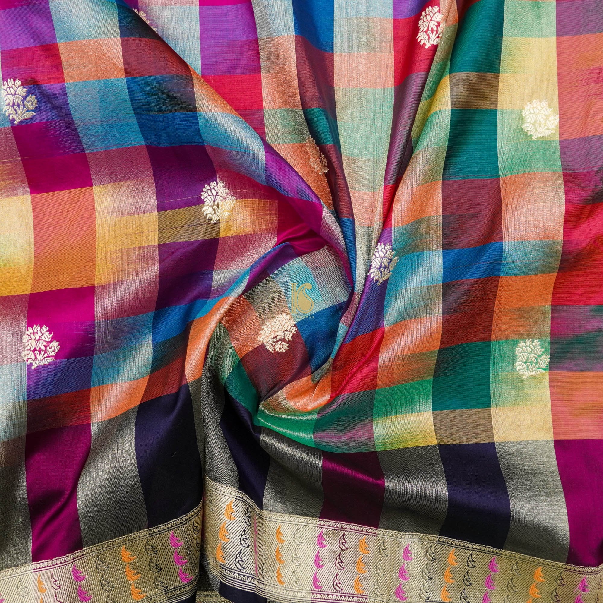 Pure Katan Silk Banarasi Kadwa Rangkat Handloom Check Saree - Khinkhwab
