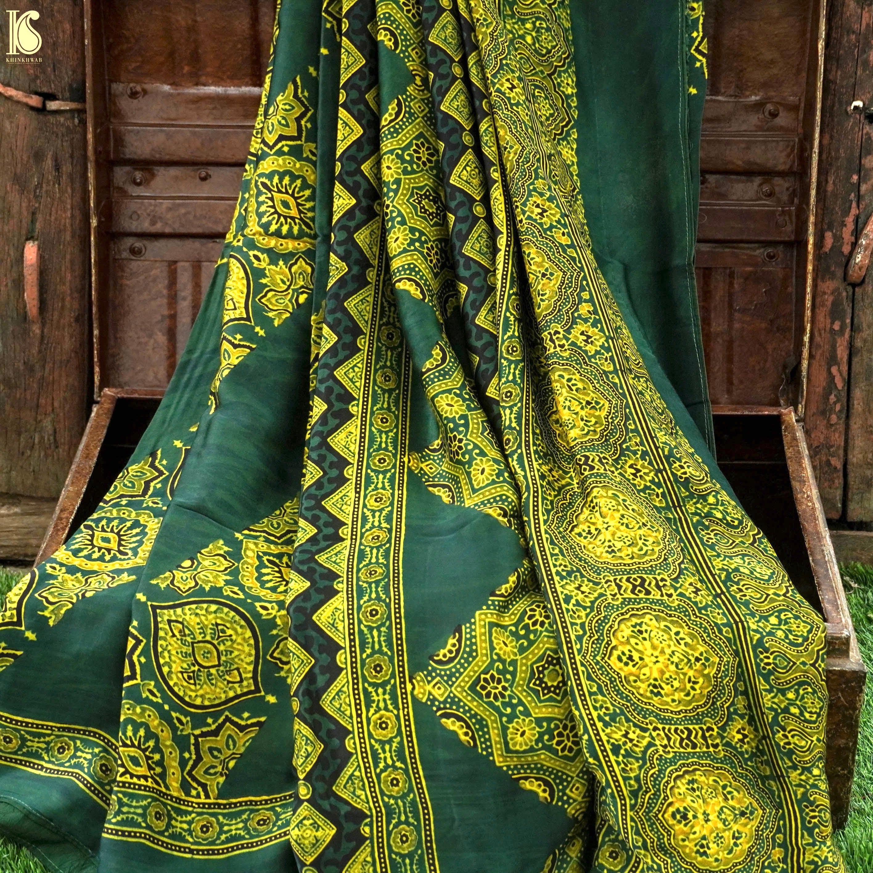 Green Hand Block Ajrakh Modal Silk Saree - Khinkhwab
