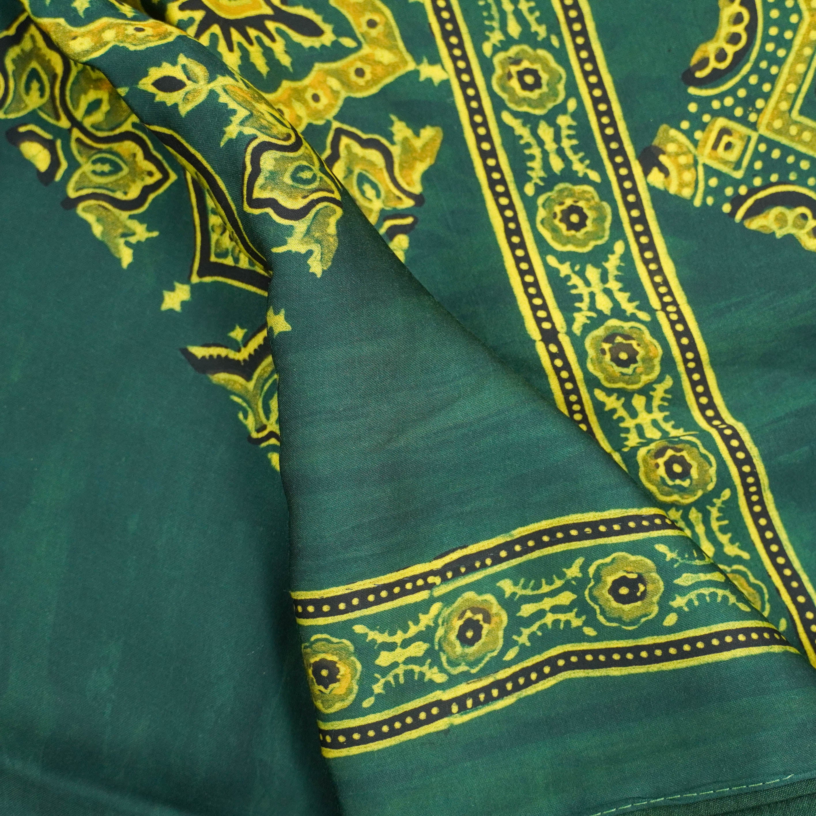 Green Hand Block Ajrakh Modal Silk Saree - Khinkhwab