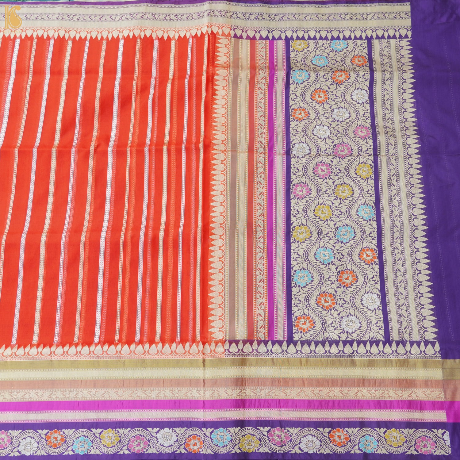 Flamingo Red Pure Kora Handloom Banarasi Saree with Silk Border - Khinkhwab