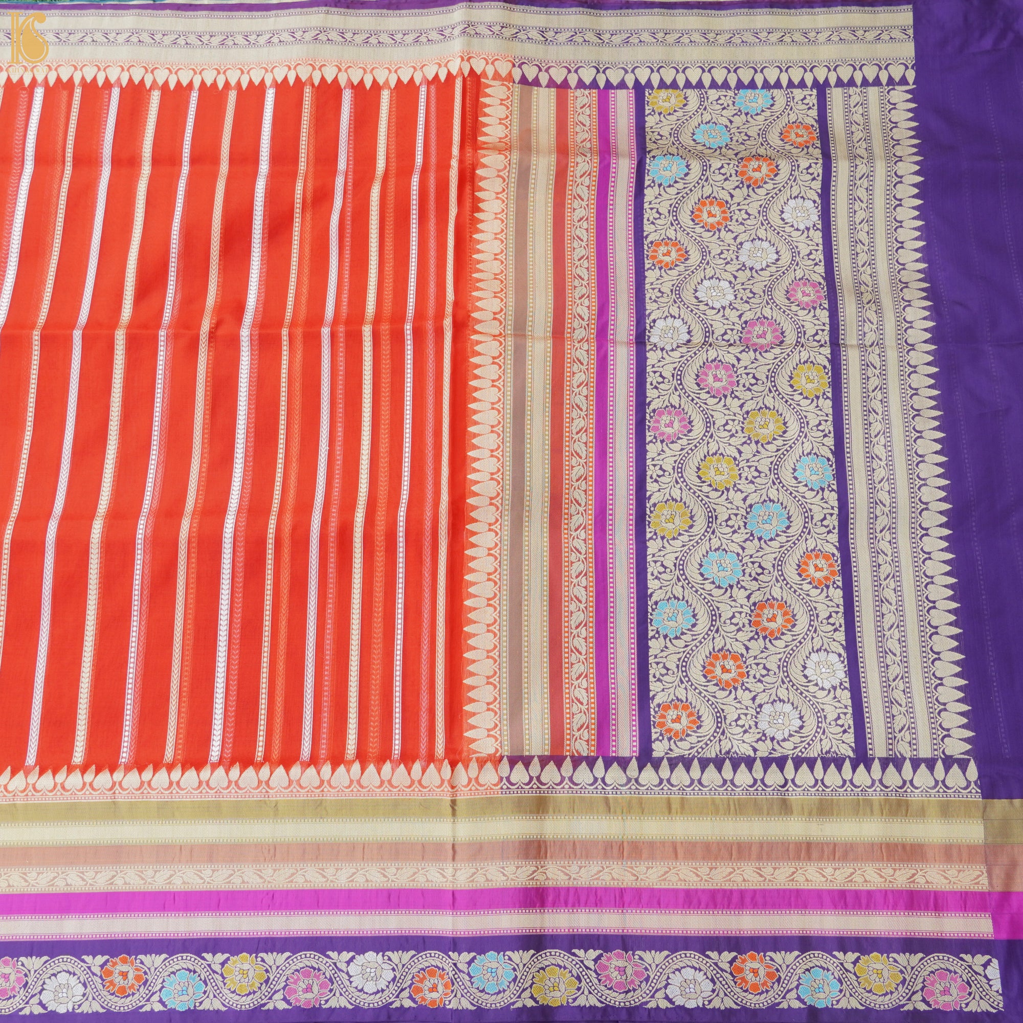 Flamingo Red Pure Kora Handloom Banarasi Saree with Silk Border - Khinkhwab