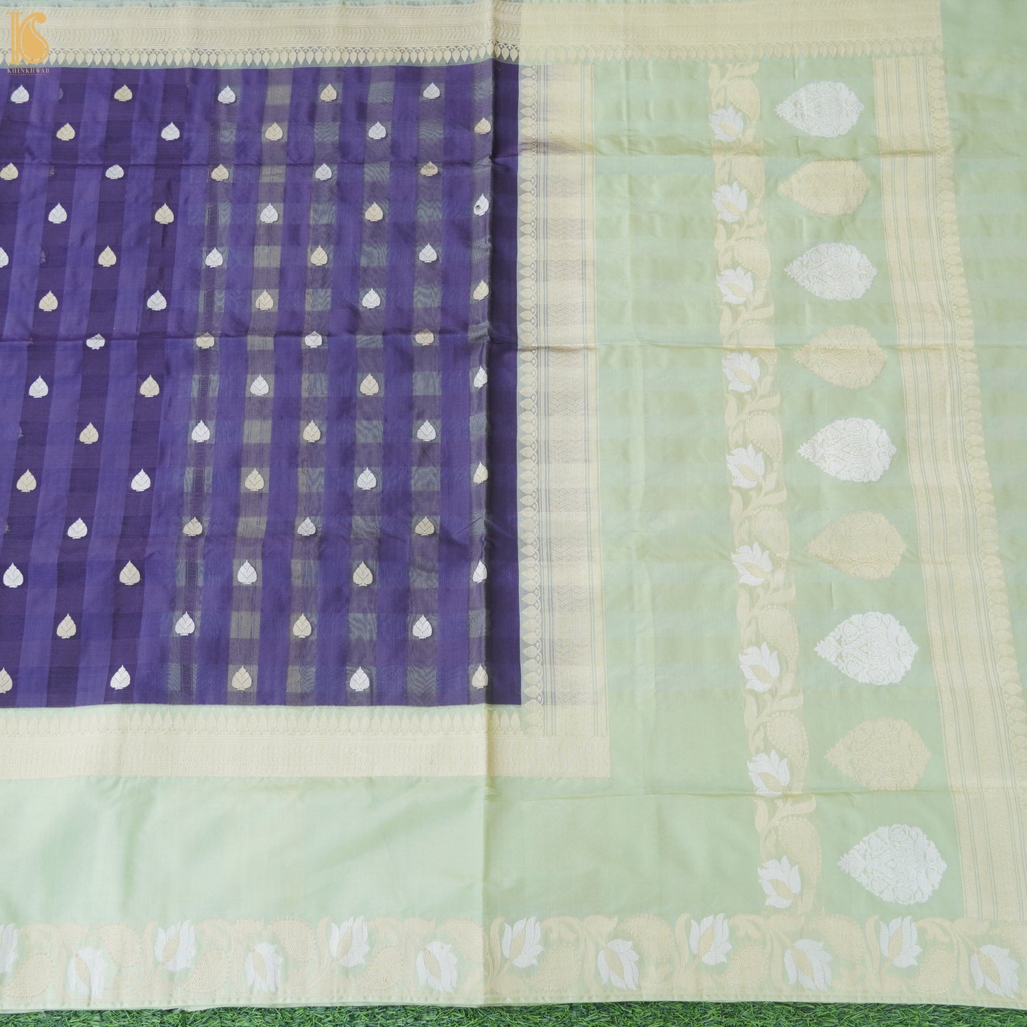 Meteorite Blue Kora Handloom Banarasi Saree with Green Katan Border - Khinkhwab