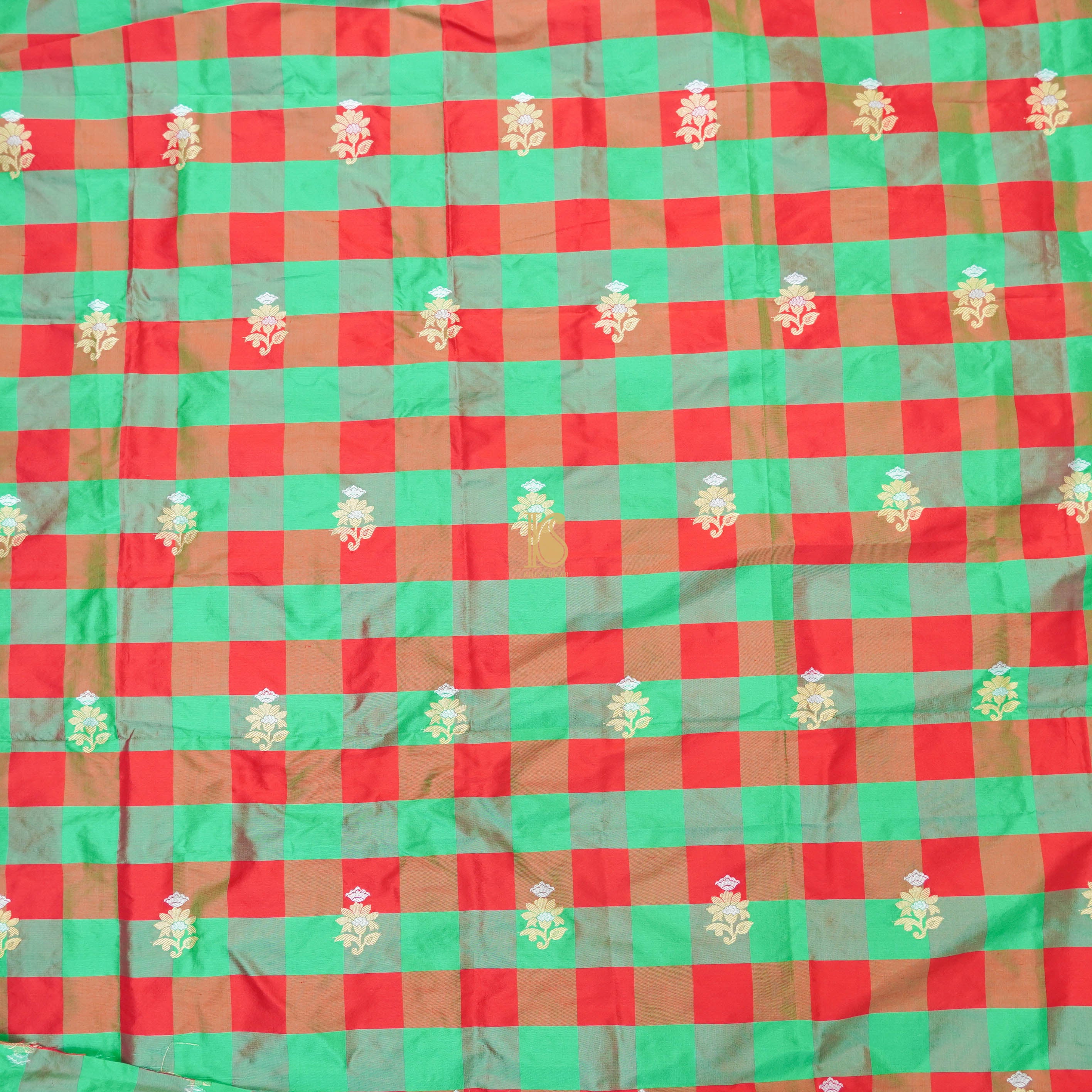 Red & Green Handwoven Pure Katan Silk Banarasi Check Fabric - Khinkhwab
