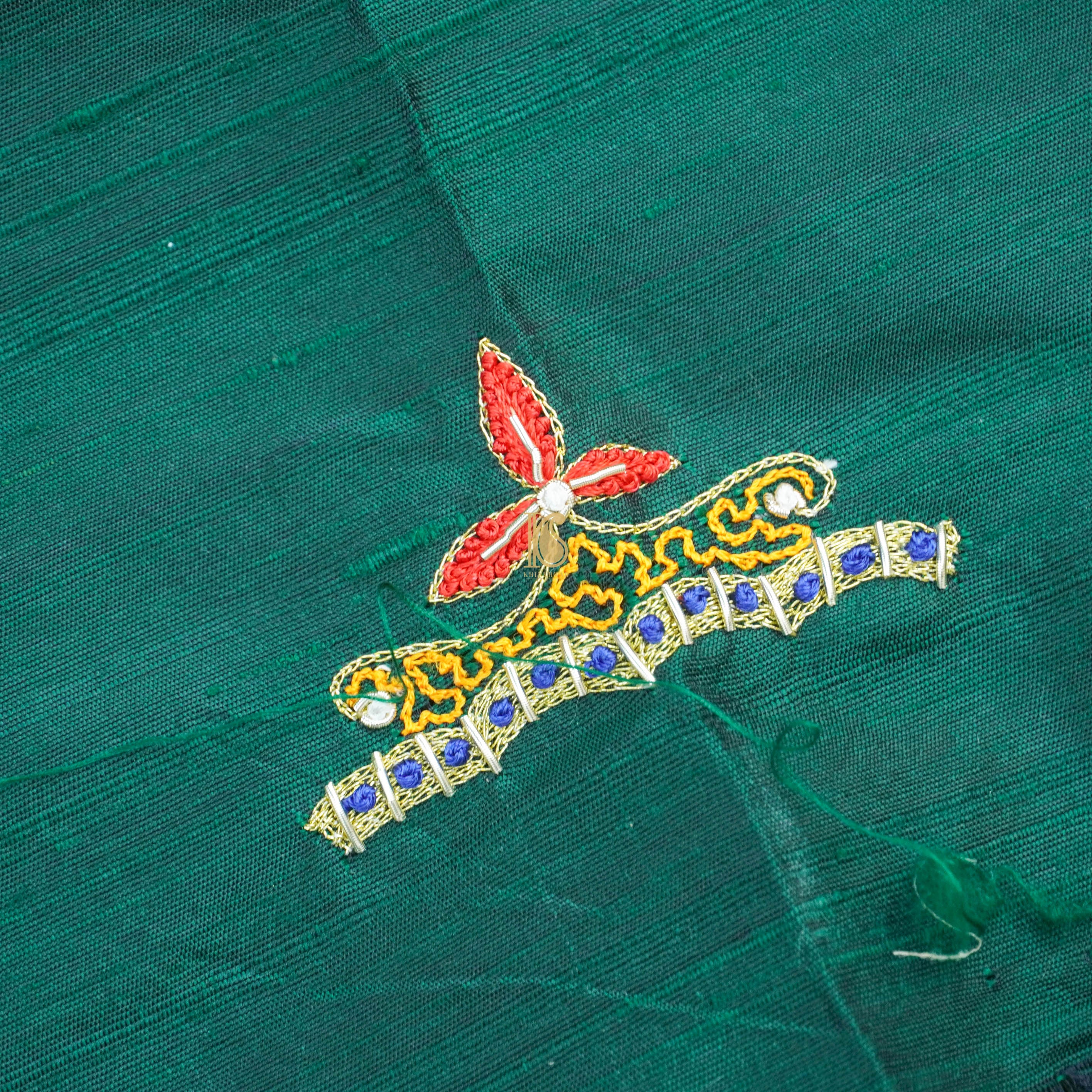 Green Hand Embroidered Pure Raw Silk Blouse Fabric - Khinkhwab