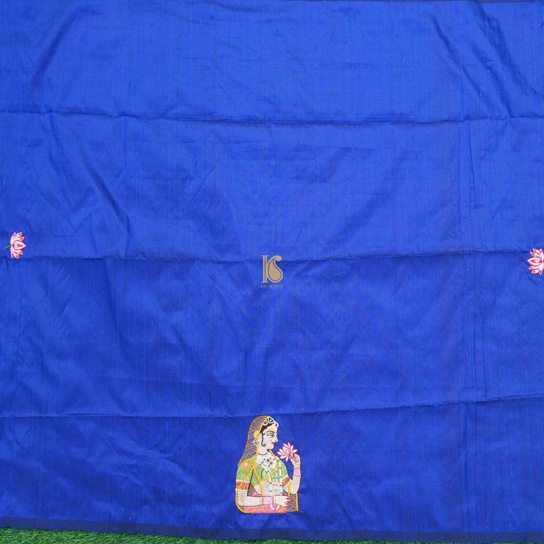 Blue Hand Embroidered Pure Raw Silk Blouse Fabric - Khinkhwab