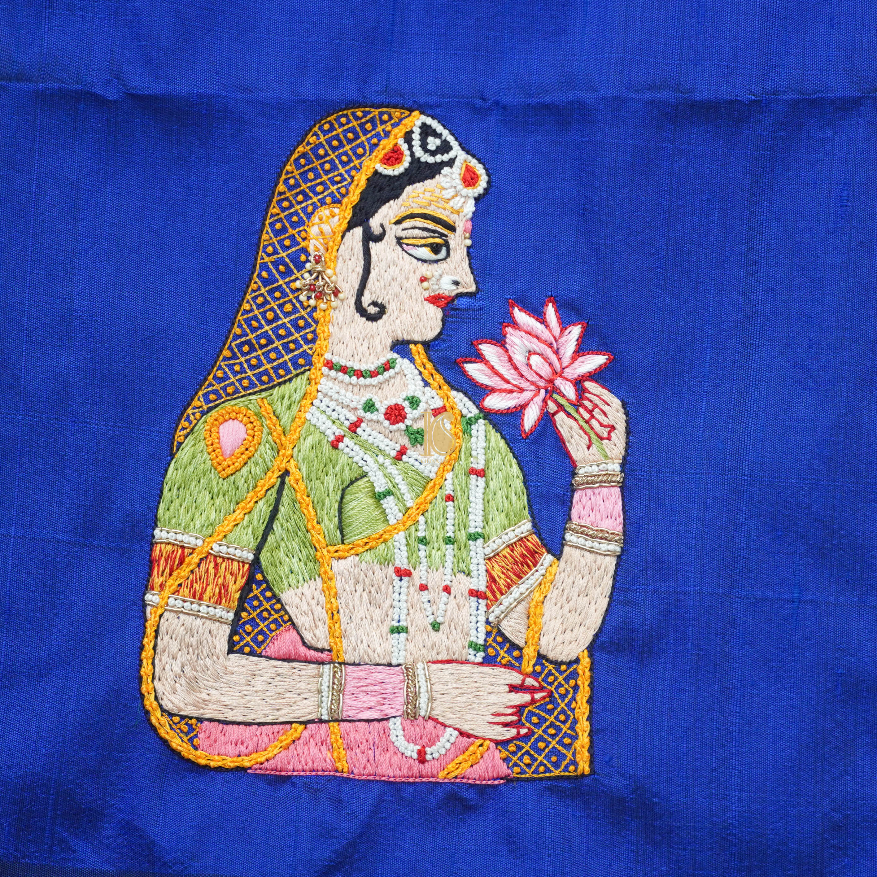 Blue Hand Embroidered Pure Raw Silk Blouse Fabric - Khinkhwab