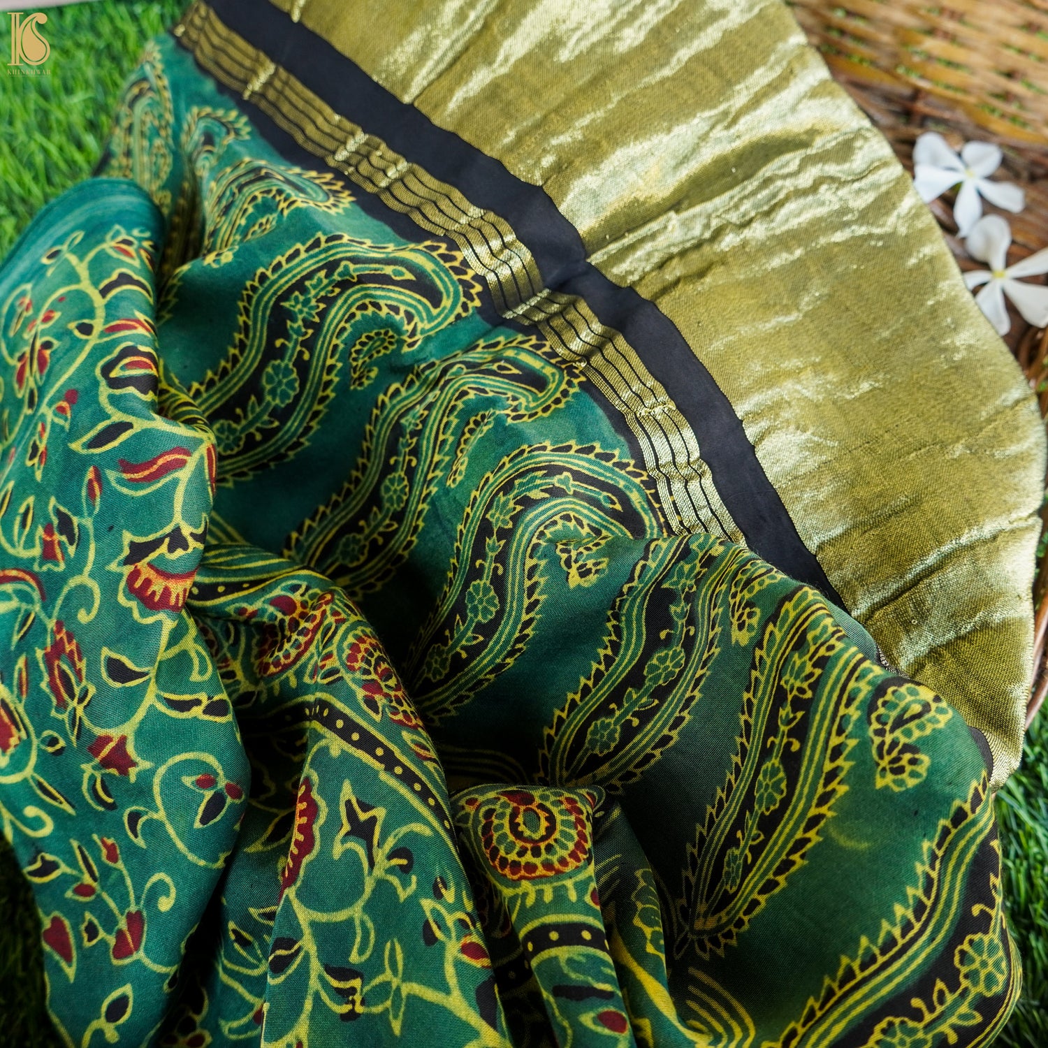 Rain Forest Green Hand Block Ajrakh Modal Silk Dupatta - Khinkhwab