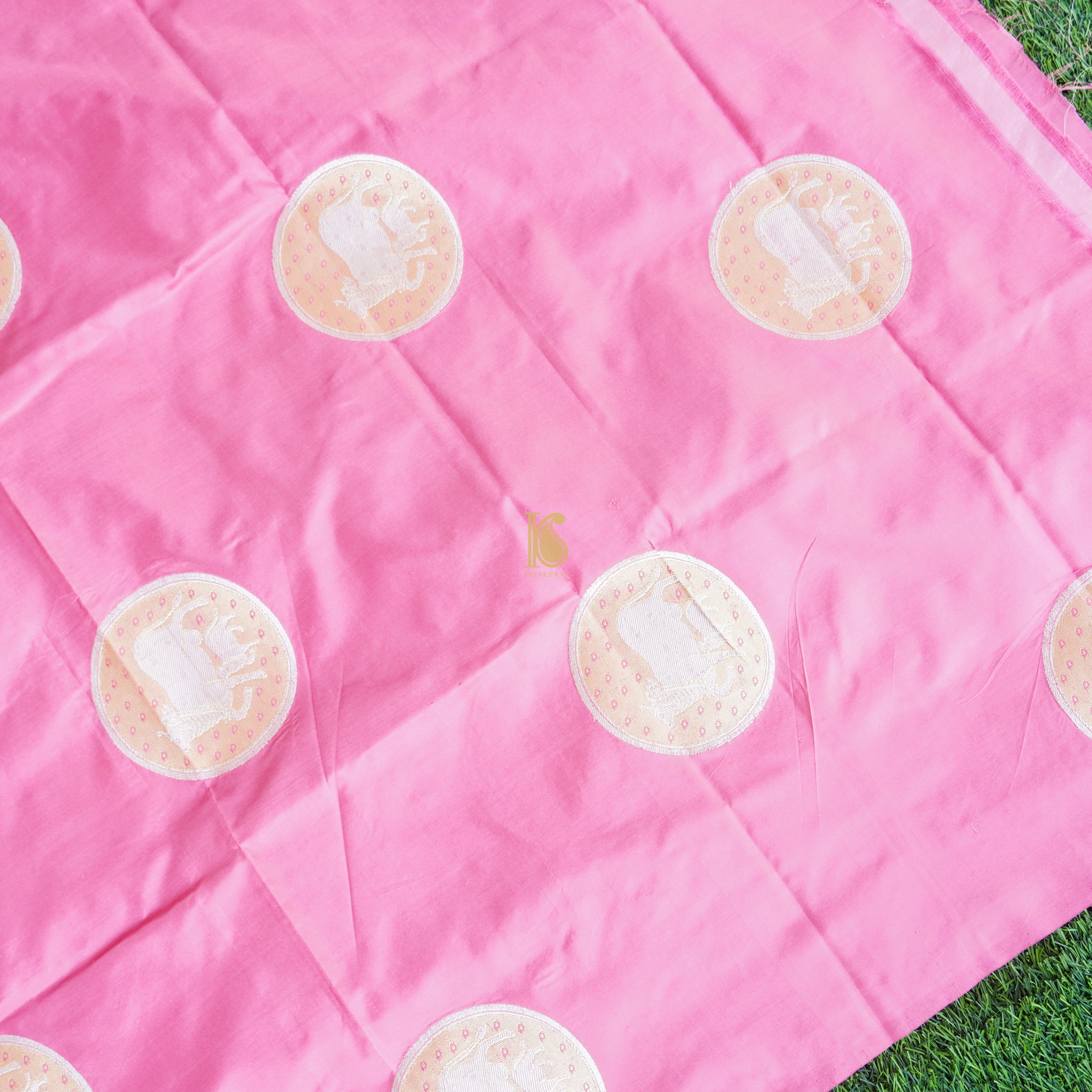 Persian Pink Pure Katan Silk Banarasi Kadwa Cow Fabric - Khinkhwab