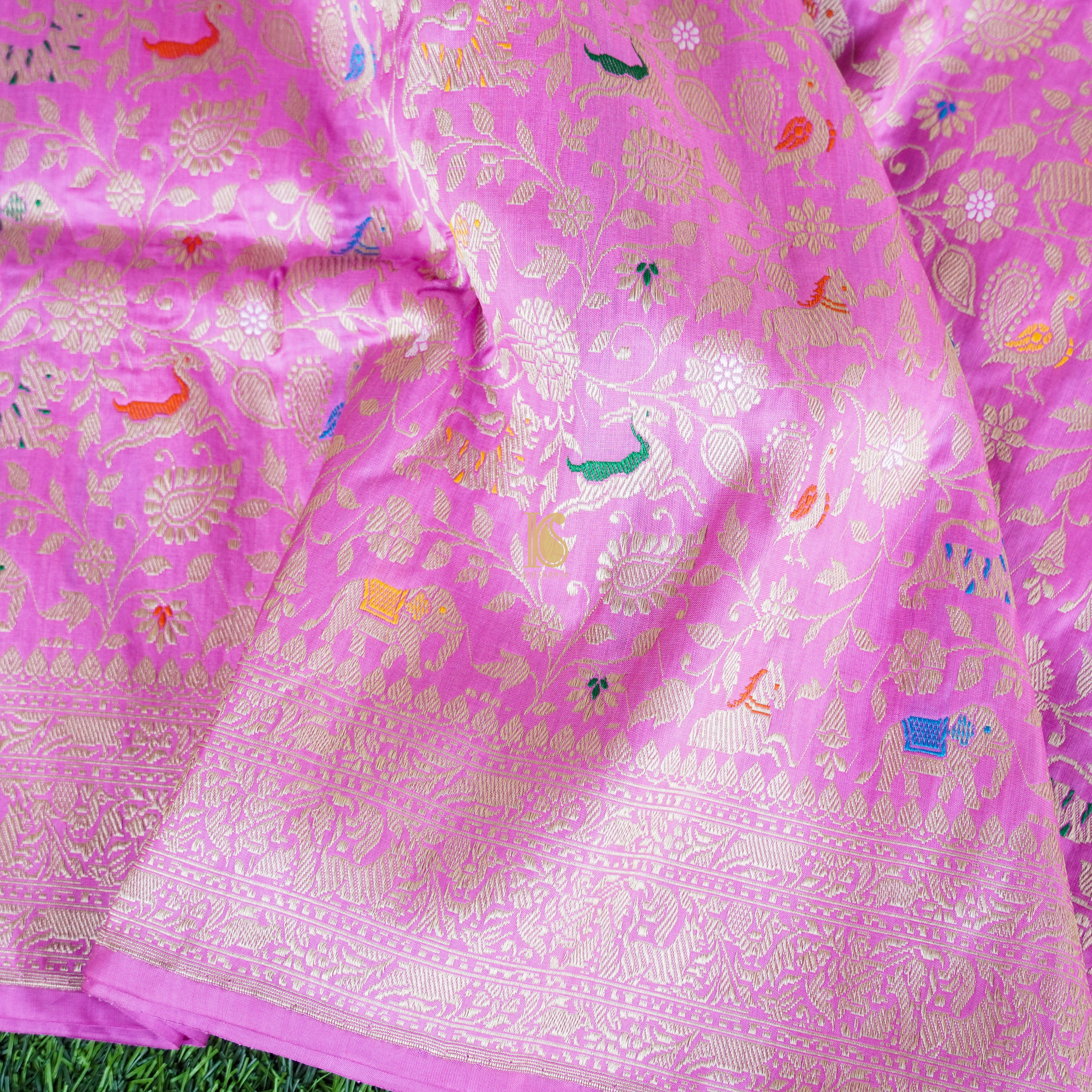 Handloom Katan Silk Orchid Pink Banarasi Shikargah Saree - Khinkhwab