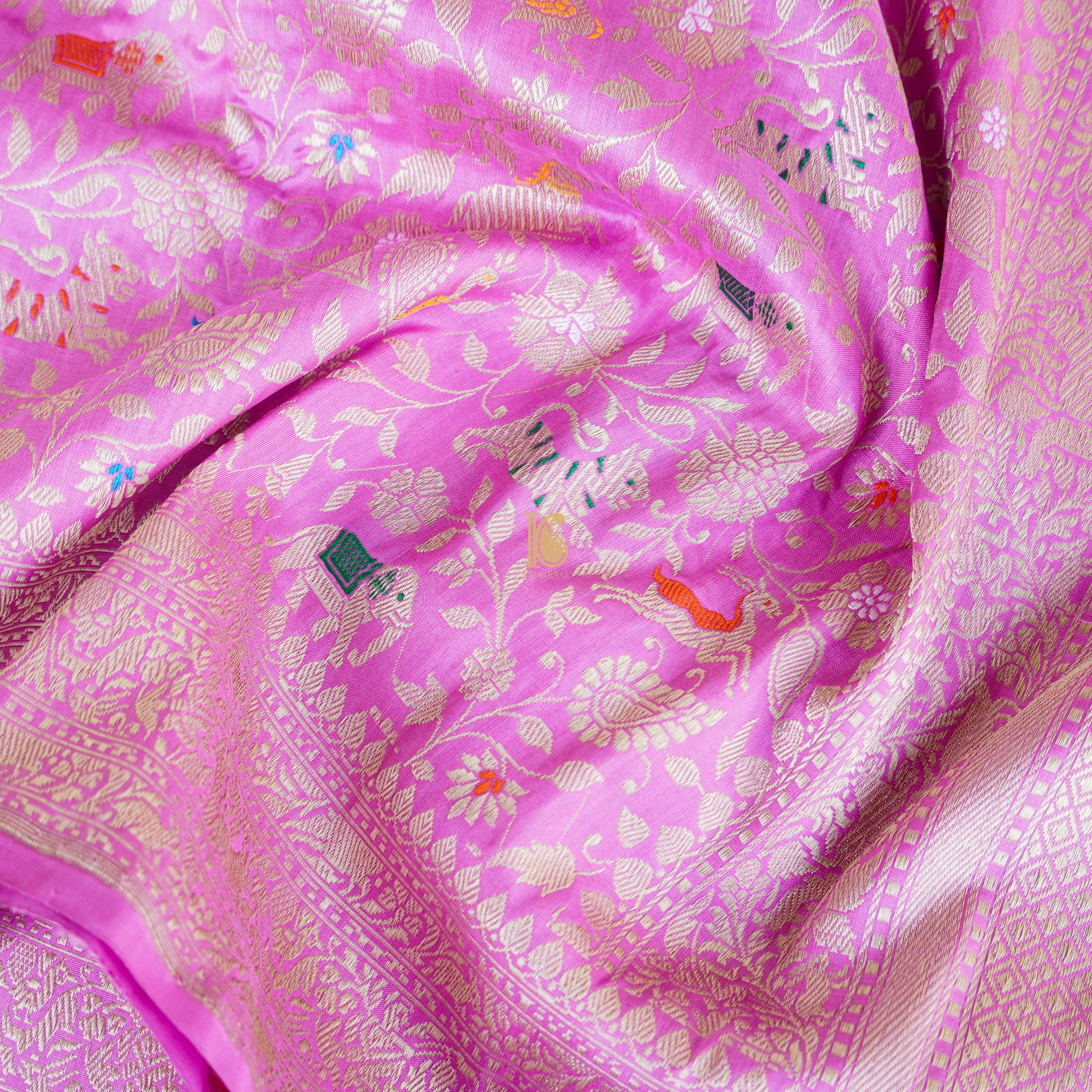 Handloom Katan Silk Orchid Pink Banarasi Shikargah Saree - Khinkhwab
