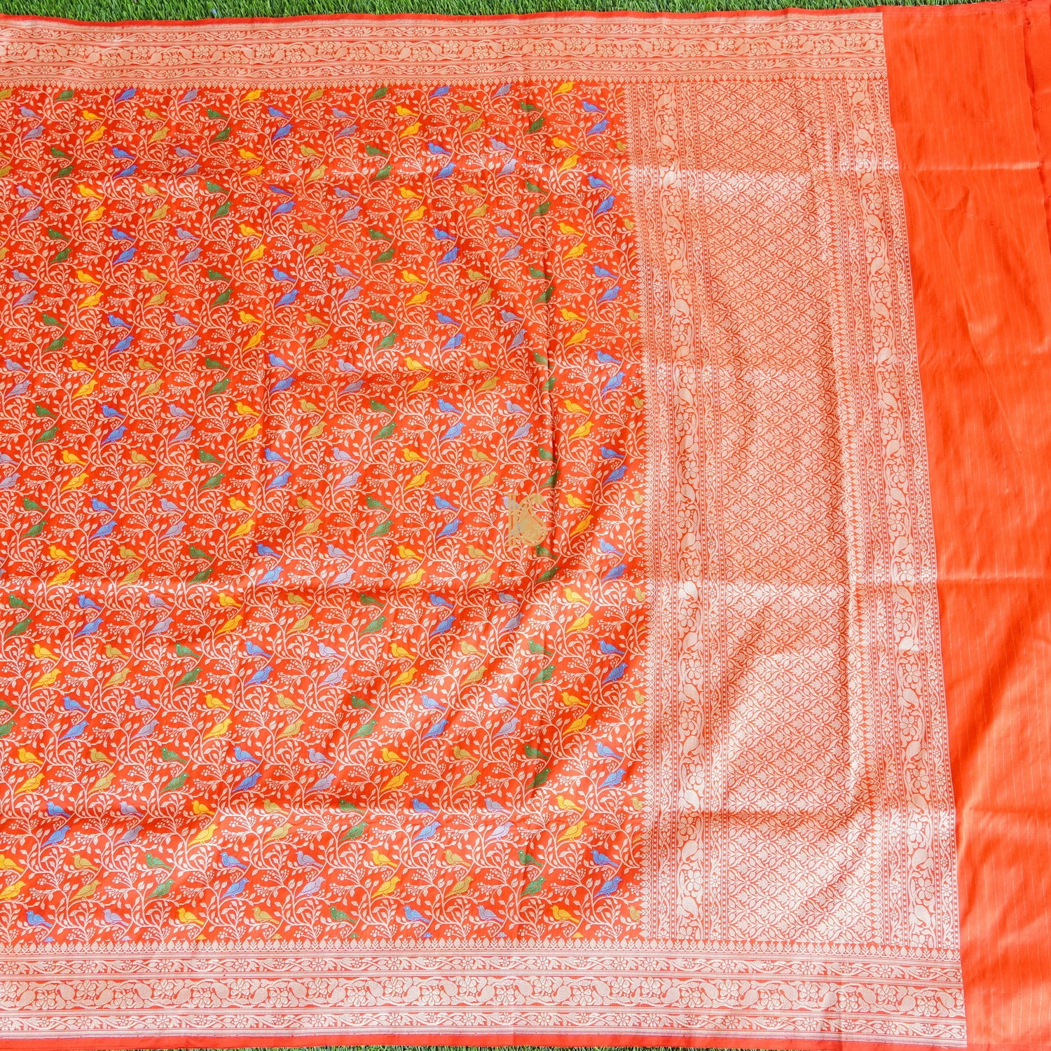 Cinnabar Red Pure Katan Silk Handwoven Banarasi Jaal Bird Dupatta - Khinkhwab