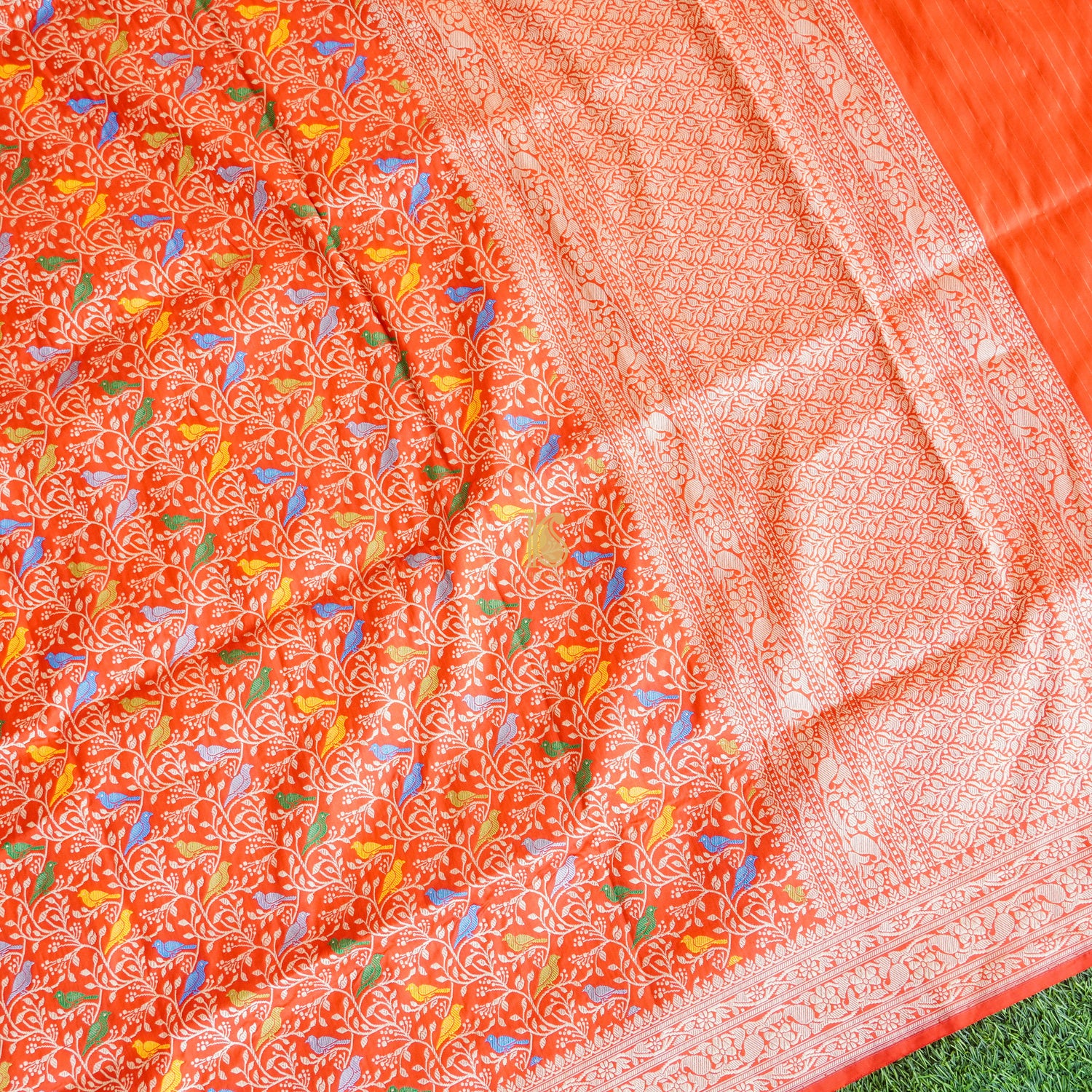 Handloom Katan Silk Cinnabar Red Banarasi Bird Saree - Preorder - Khinkhwab