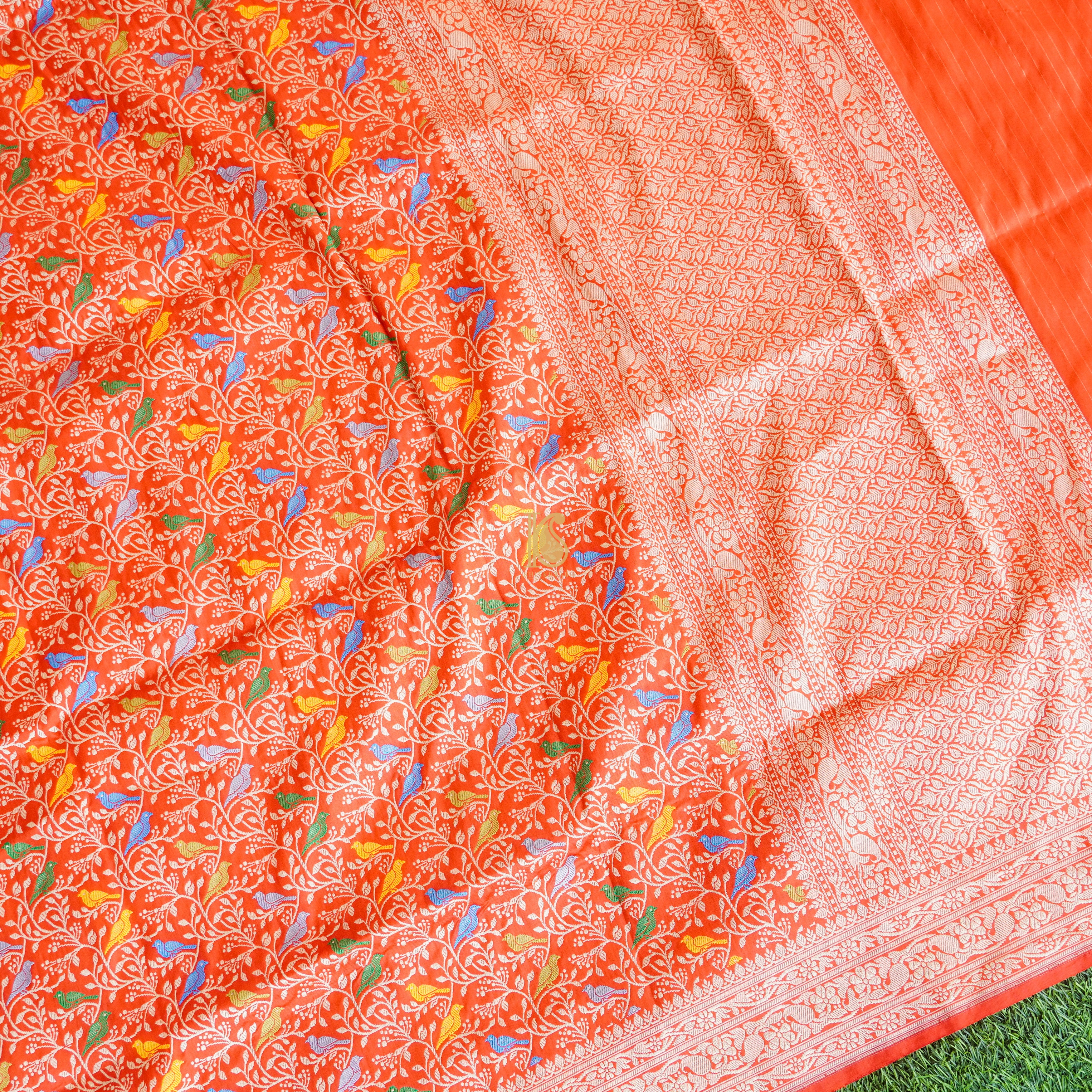 Handloom Katan Silk Cinnabar Red Banarasi Bird Saree - Preorder - Khinkhwab
