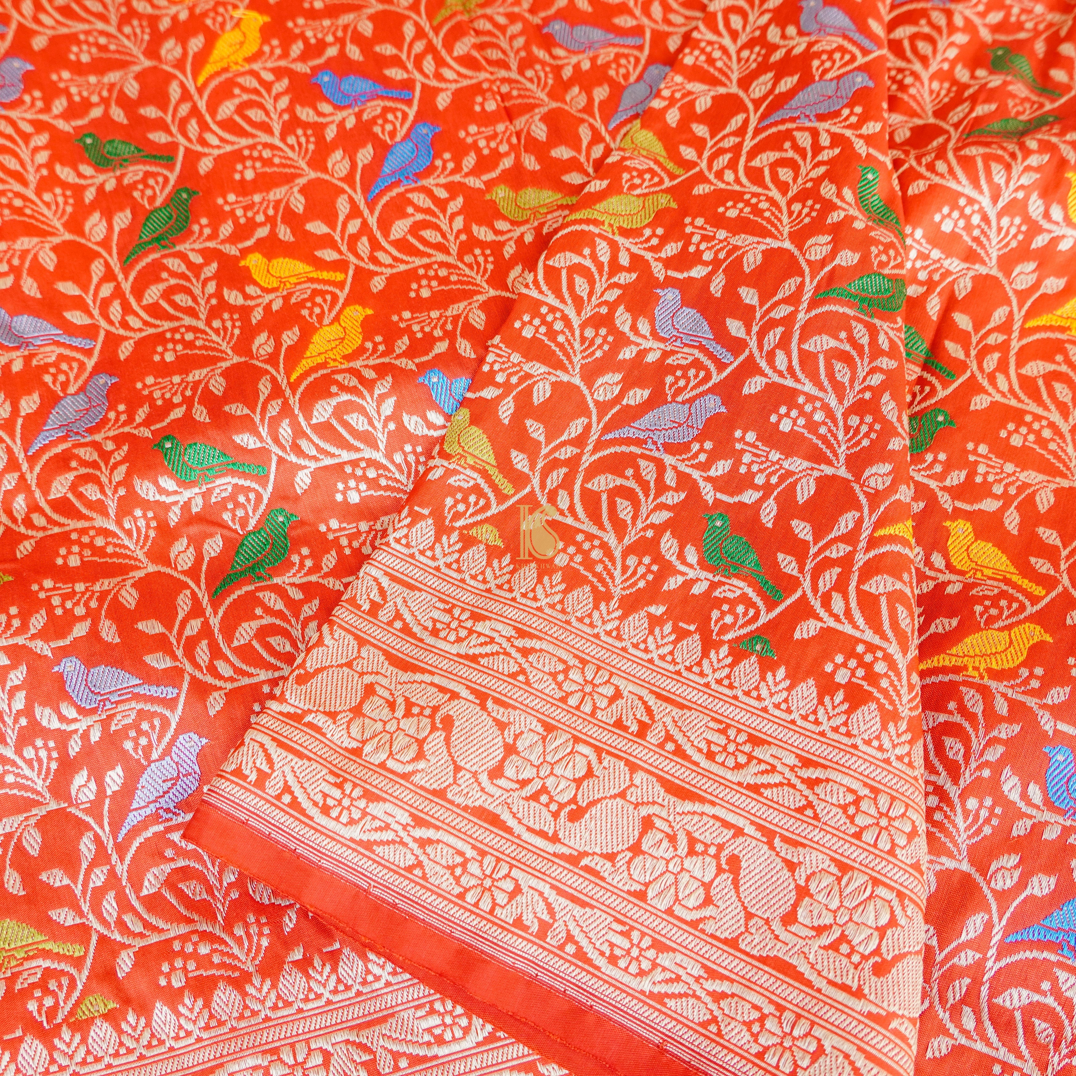 Cinnabar Red Pure Katan Silk Handwoven Banarasi Jaal Bird Dupatta - Khinkhwab