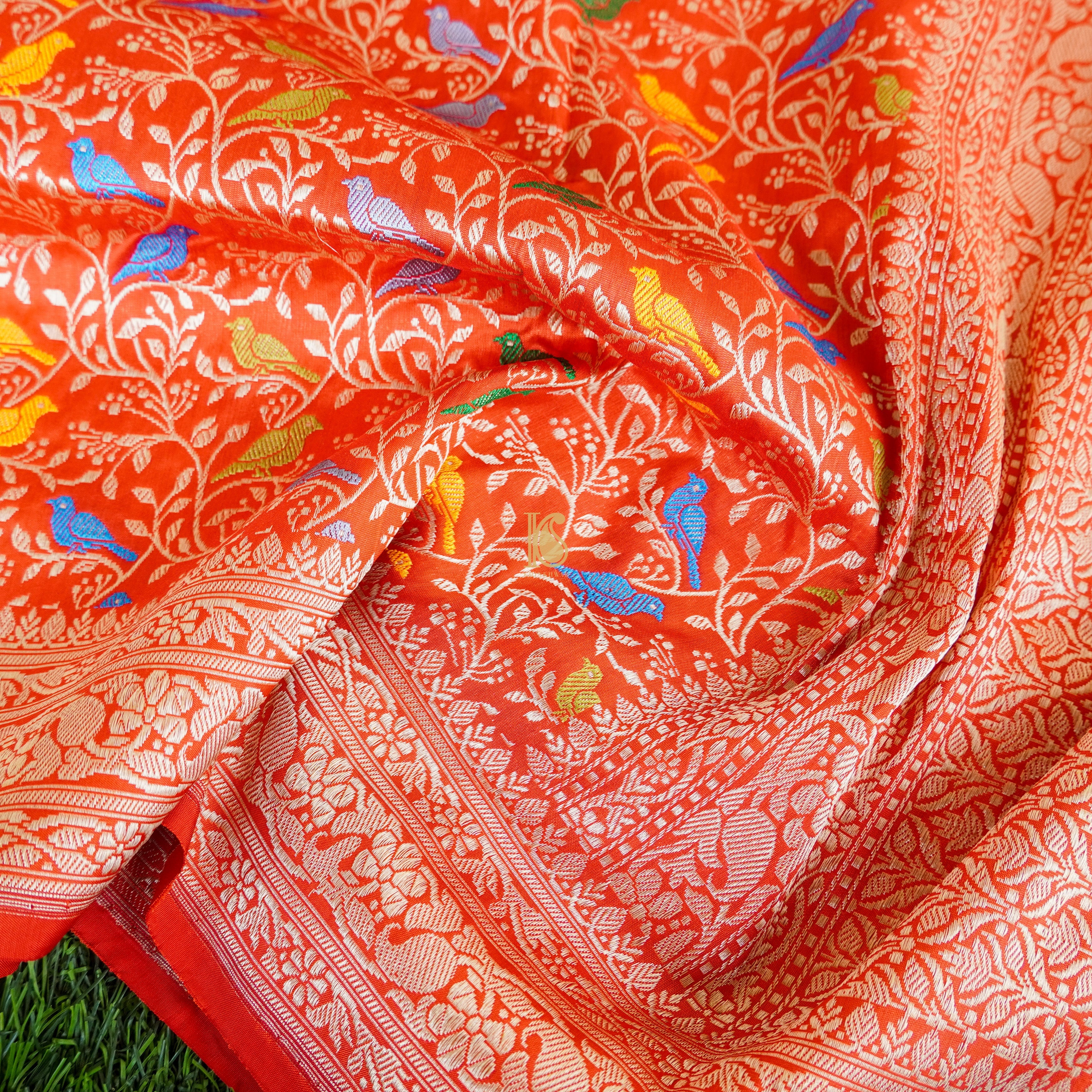 Cinnabar Red Pure Katan Silk Handwoven Banarasi Jaal Bird Dupatta - Khinkhwab