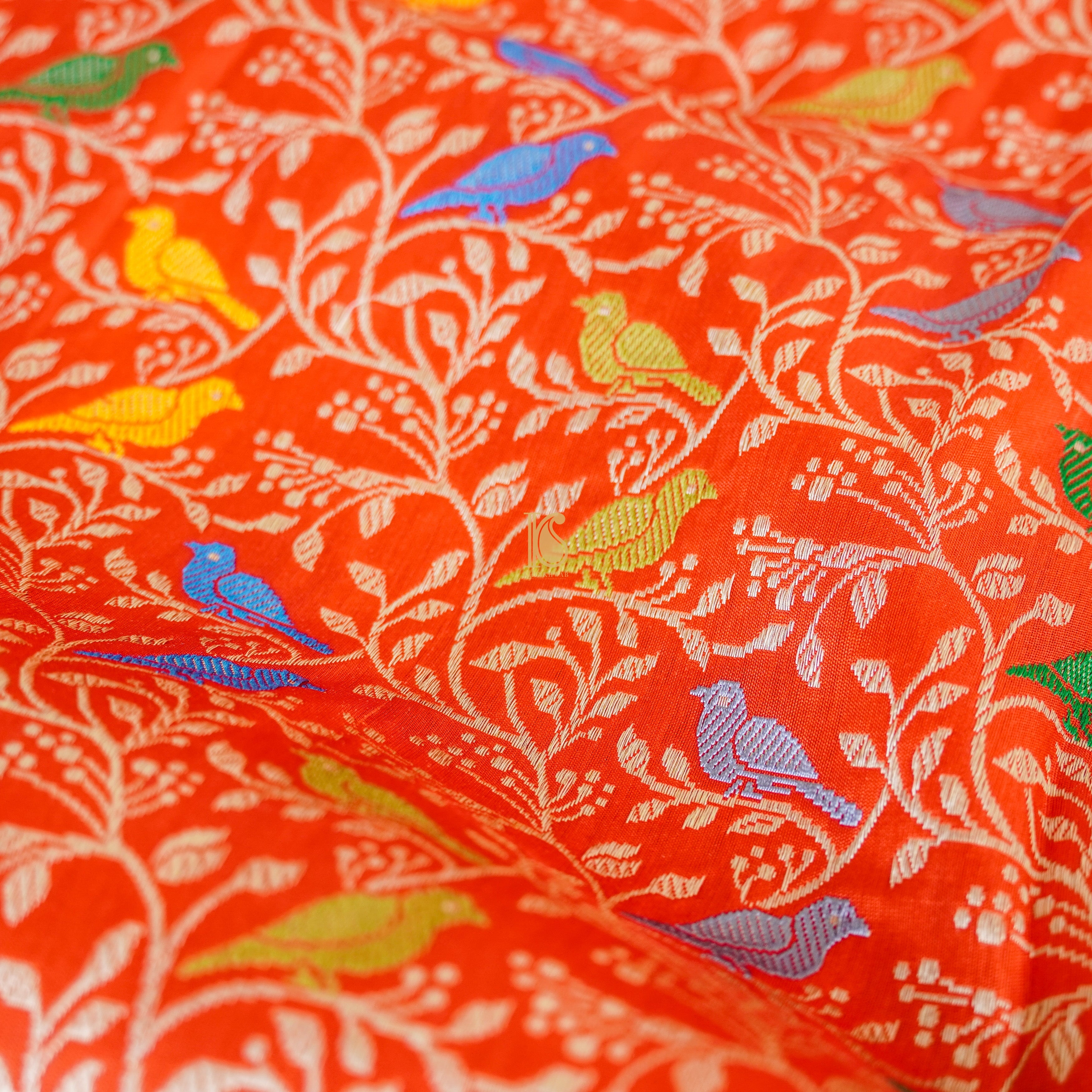 Cinnabar Red Pure Katan Silk Handwoven Banarasi Jaal Bird Dupatta - Khinkhwab