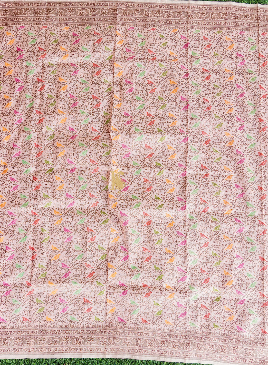 Handwoven White Pure Katan Silk Banarasi Birds Fabric - Preorder - Khinkhwab