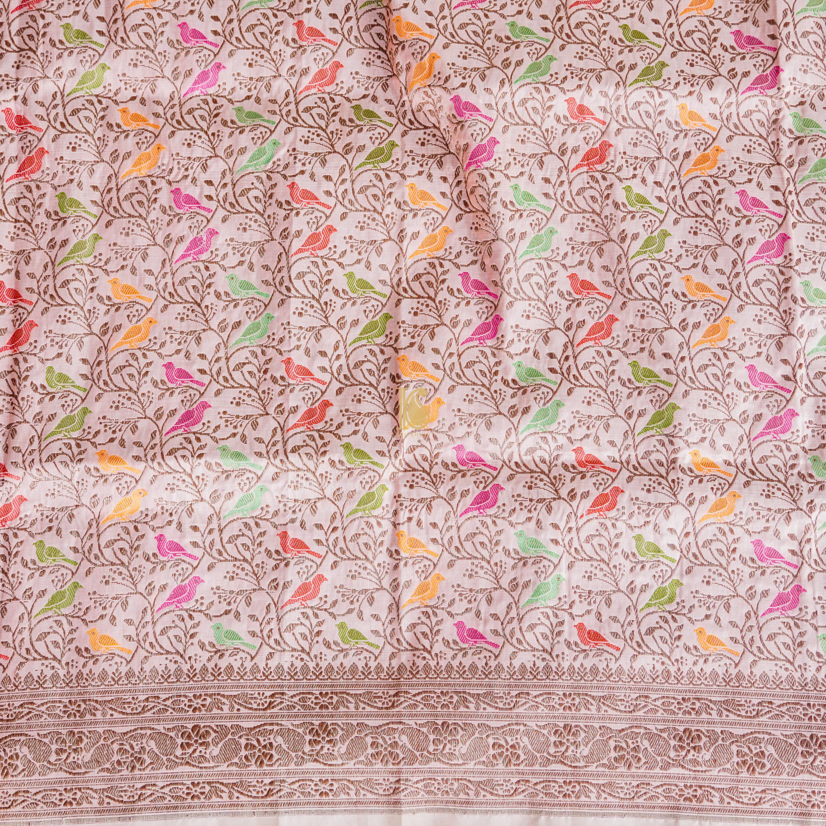 Handwoven White Pure Katan Silk Banarasi Birds Fabric - Preorder - Khinkhwab