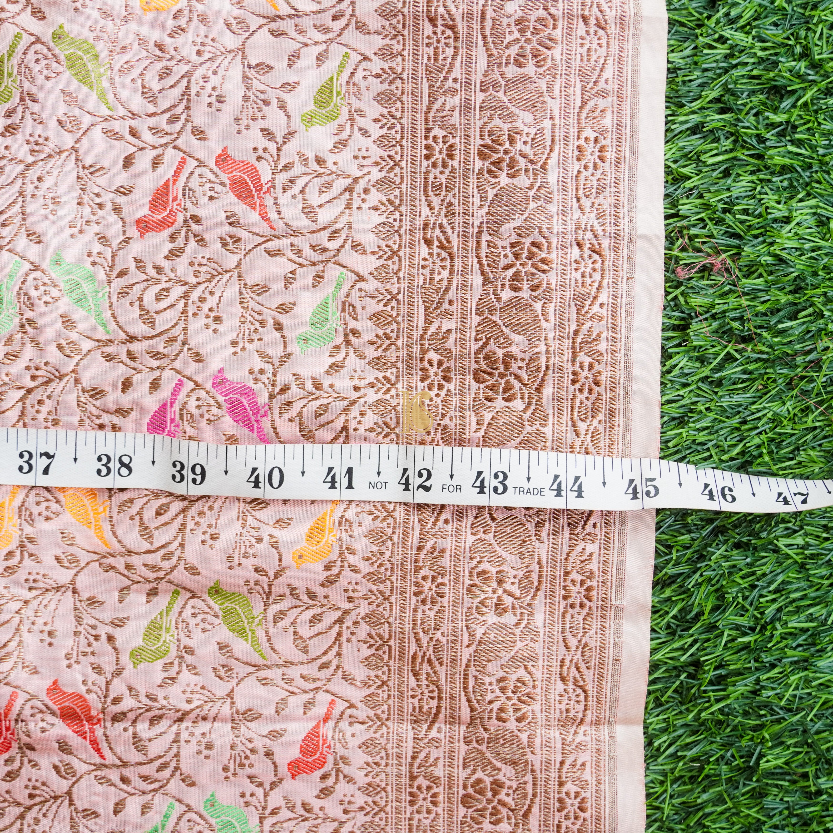 Handwoven White Pure Katan Silk Banarasi Birds Fabric - Preorder - Khinkhwab