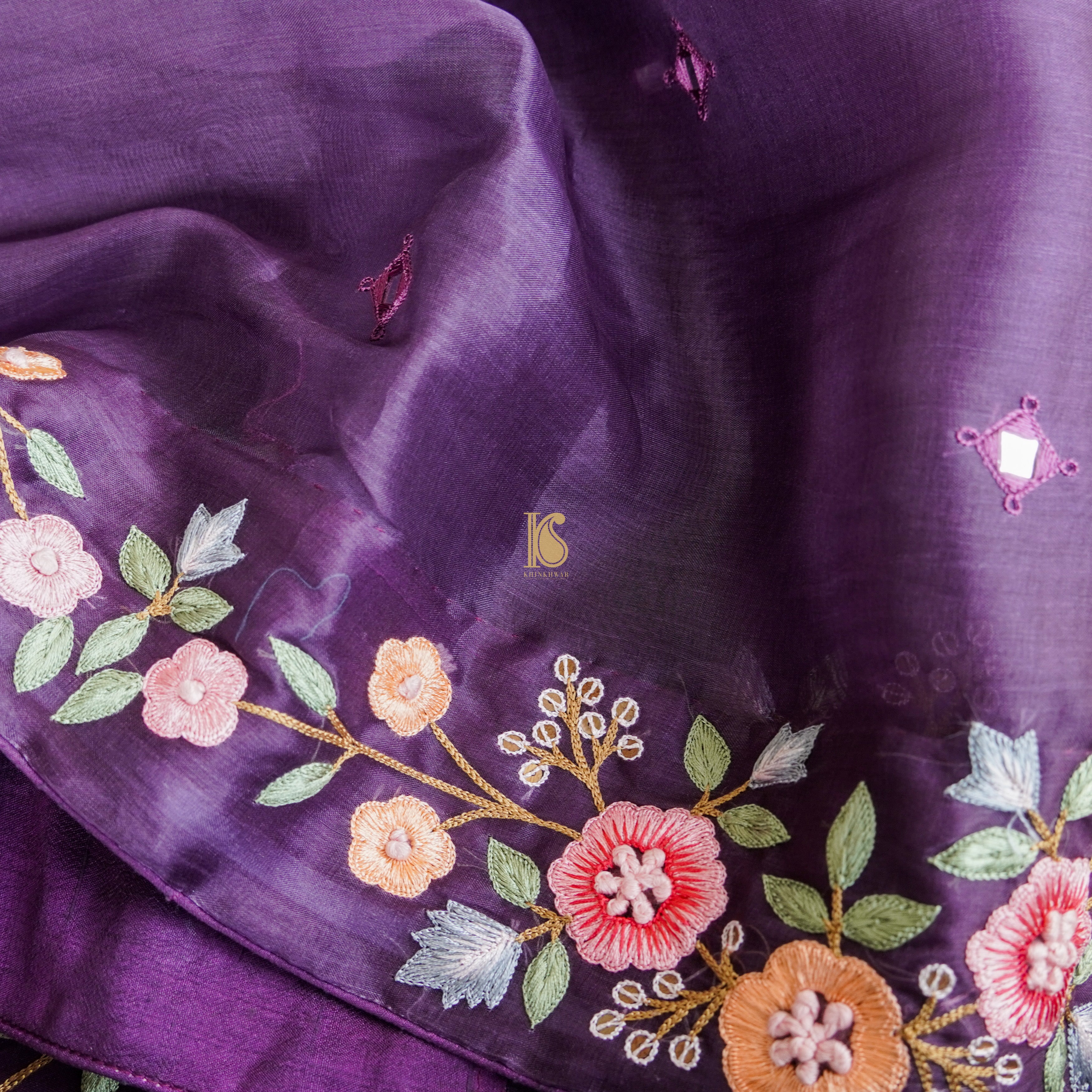 Handwoven Purple Pure Organza Resham Embroidery Saree - Khinkhwab