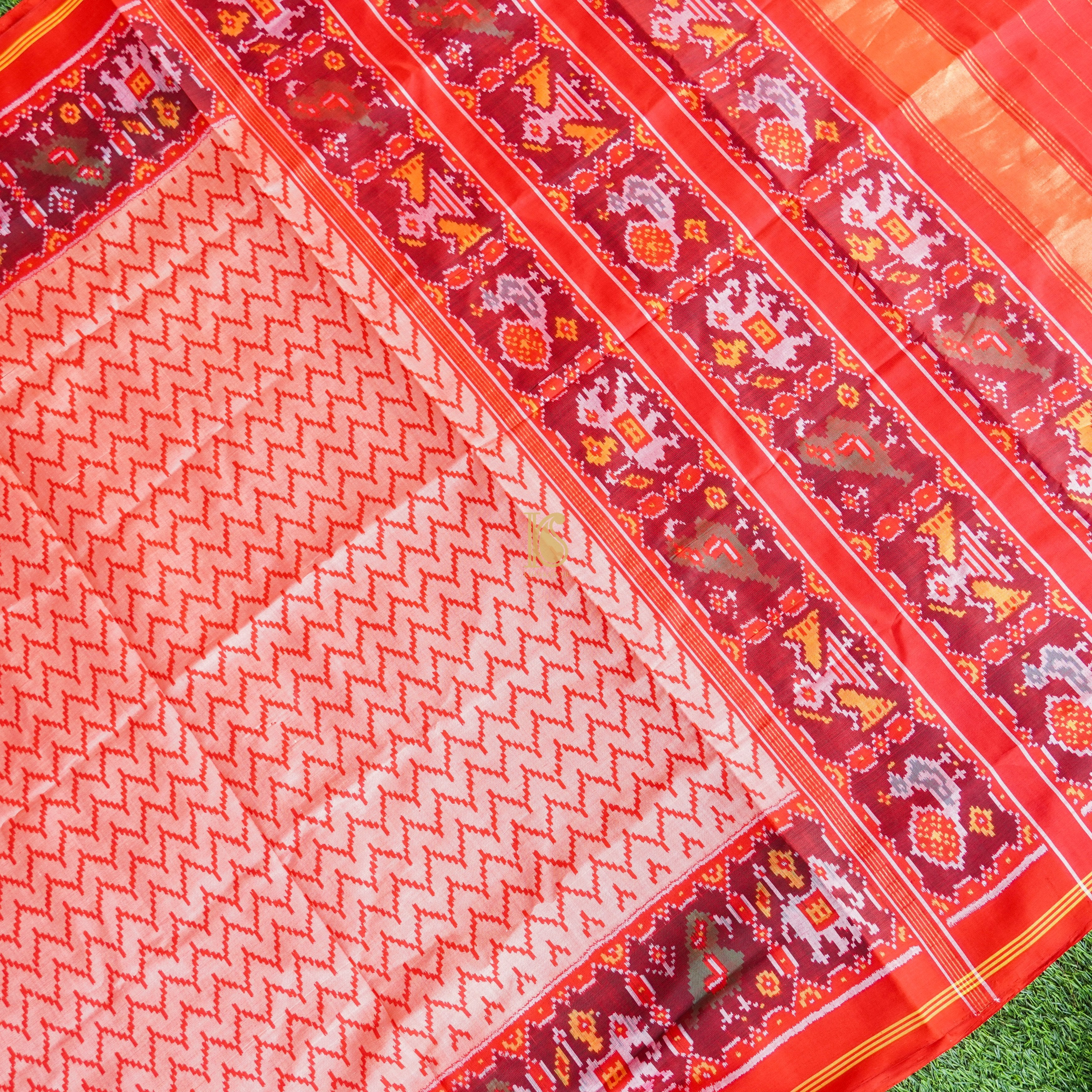 Salmon Pink Pure Silk Handloom Single Ikkat Semi Patan Patola Saree - Khinkhwab