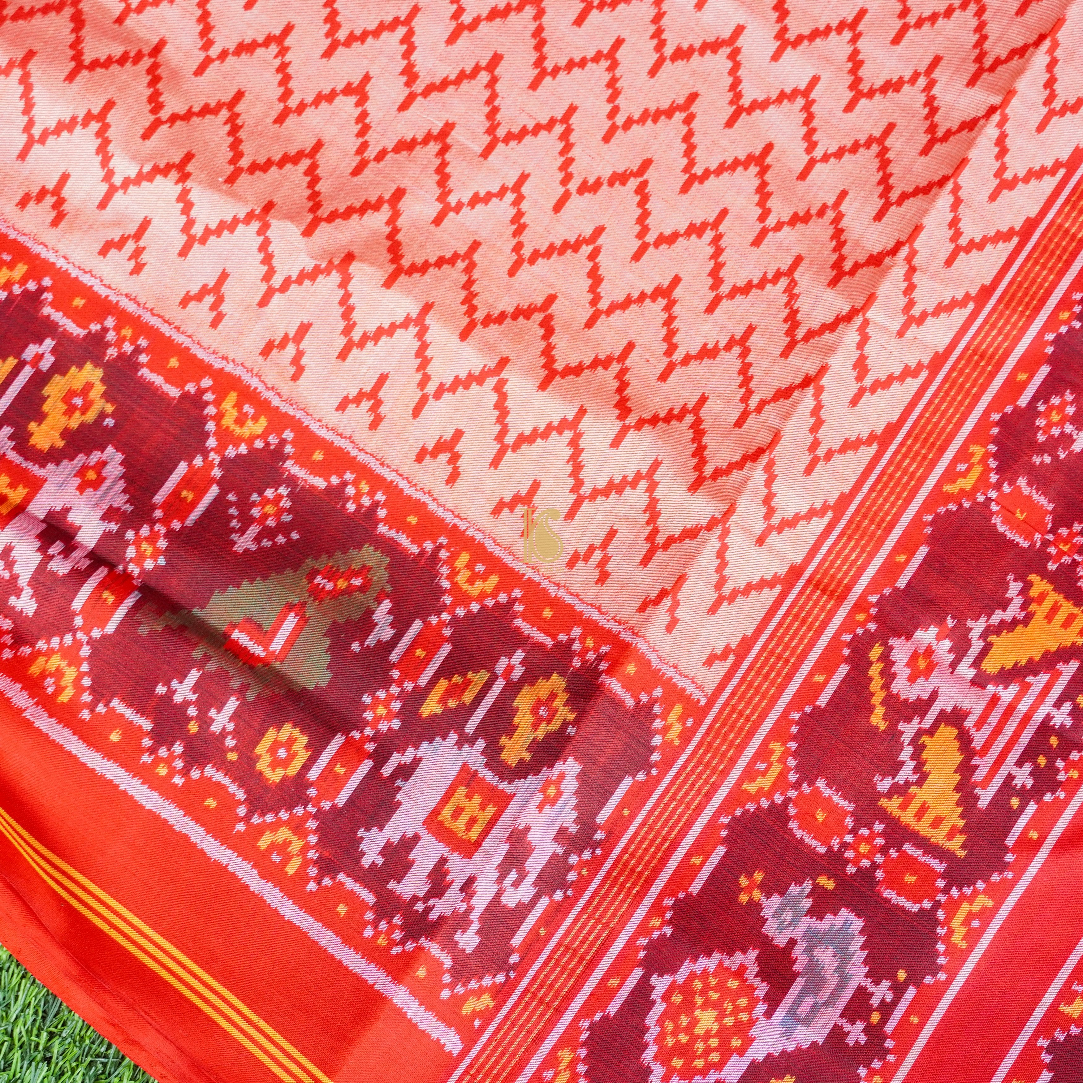 Salmon Pink Pure Silk Handloom Single Ikkat Semi Patan Patola Saree - Khinkhwab
