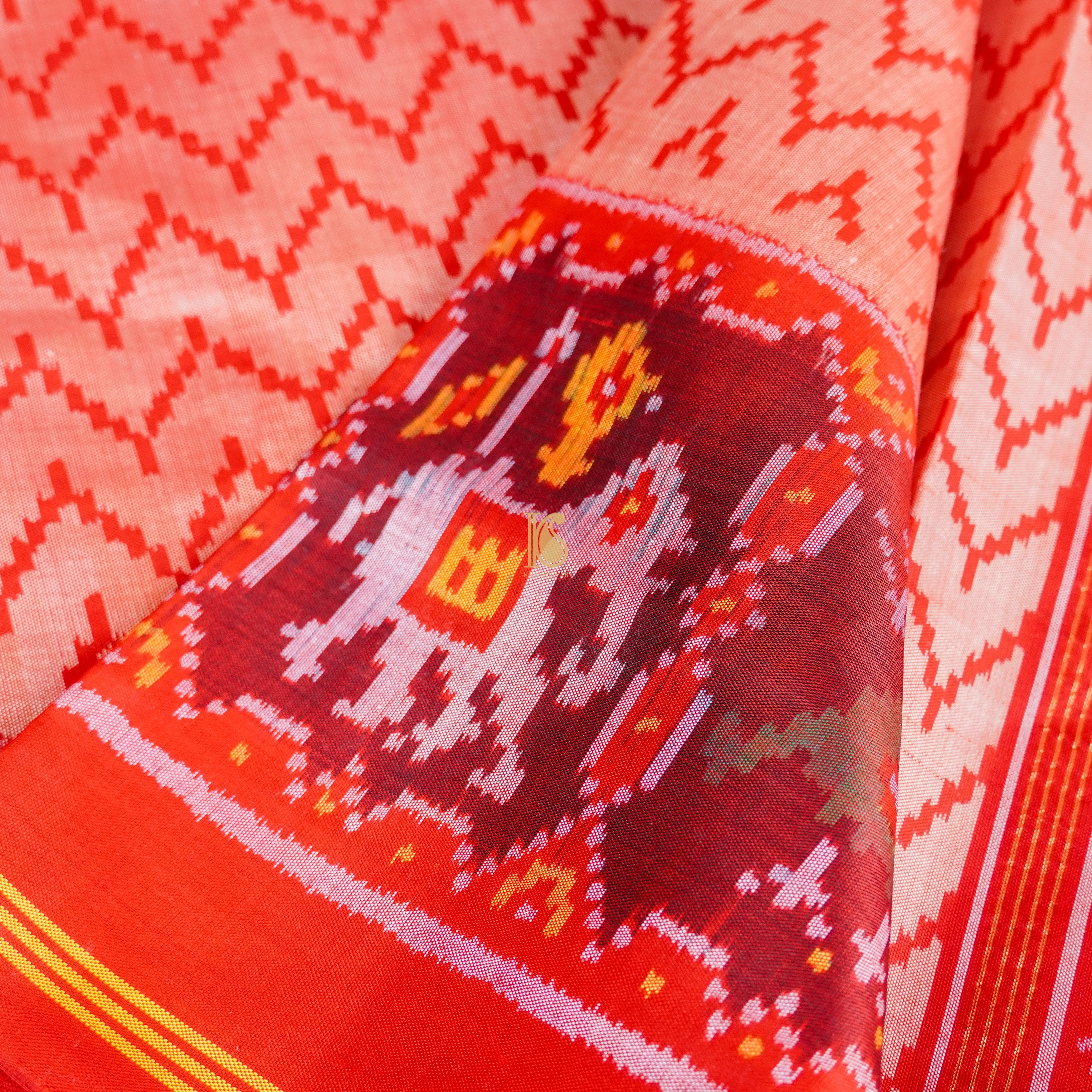 Salmon Pink Pure Silk Handloom Single Ikkat Semi Patan Patola Saree - Khinkhwab