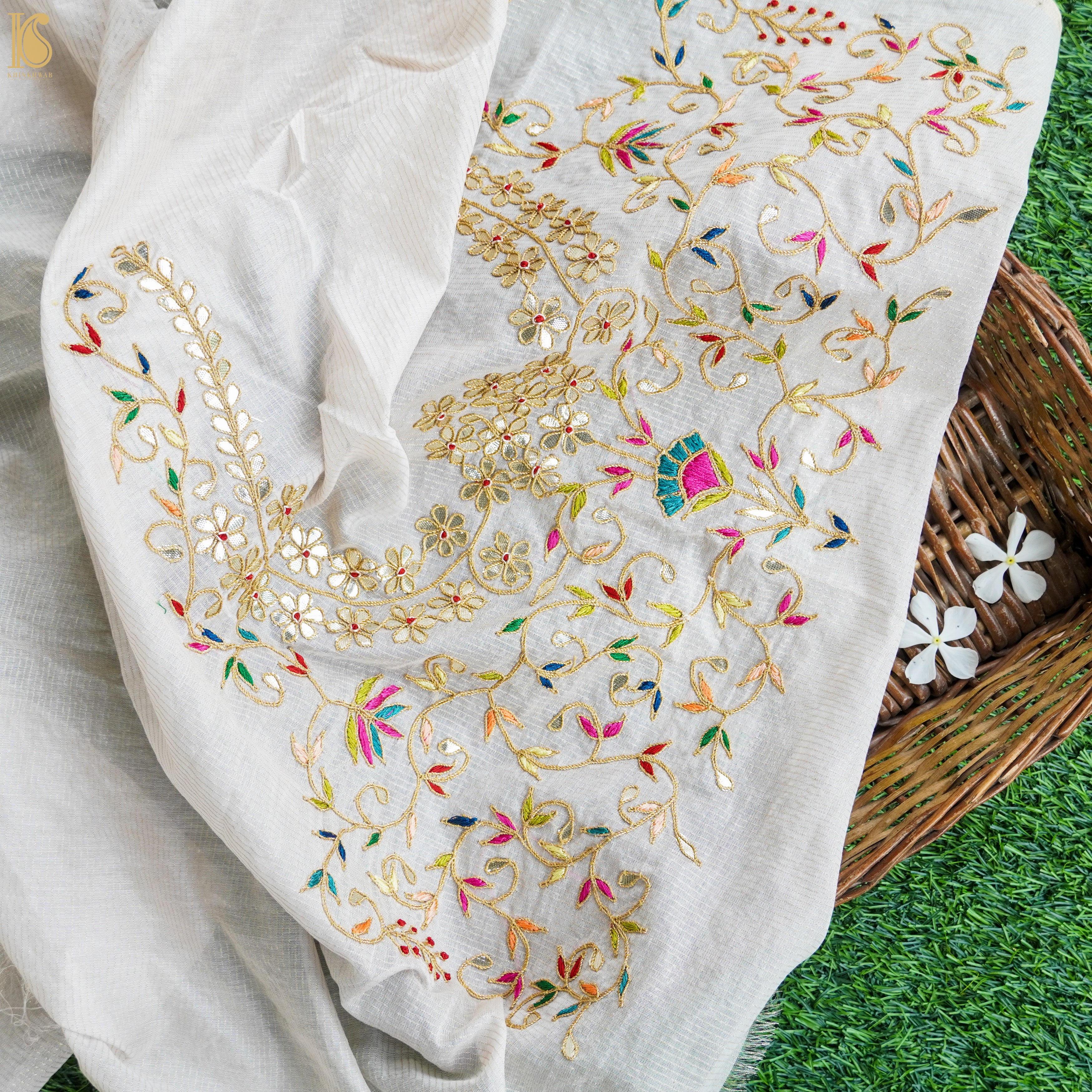 Off White Pure Chanderi Embroidery Blouse Fabric - Khinkhwab