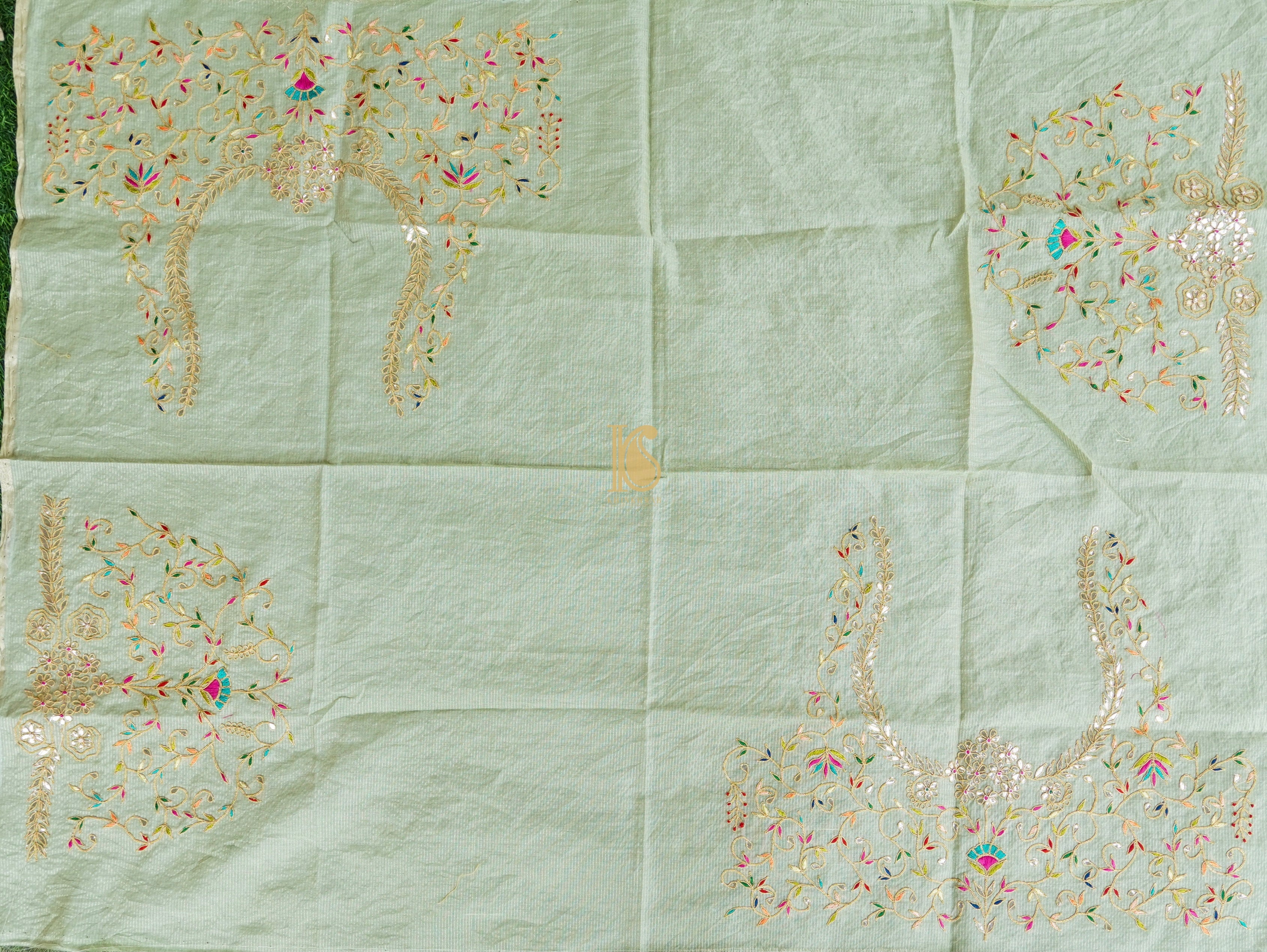 Pastel Green Pure Chanderi Embroidery Blouse Fabric - Khinkhwab