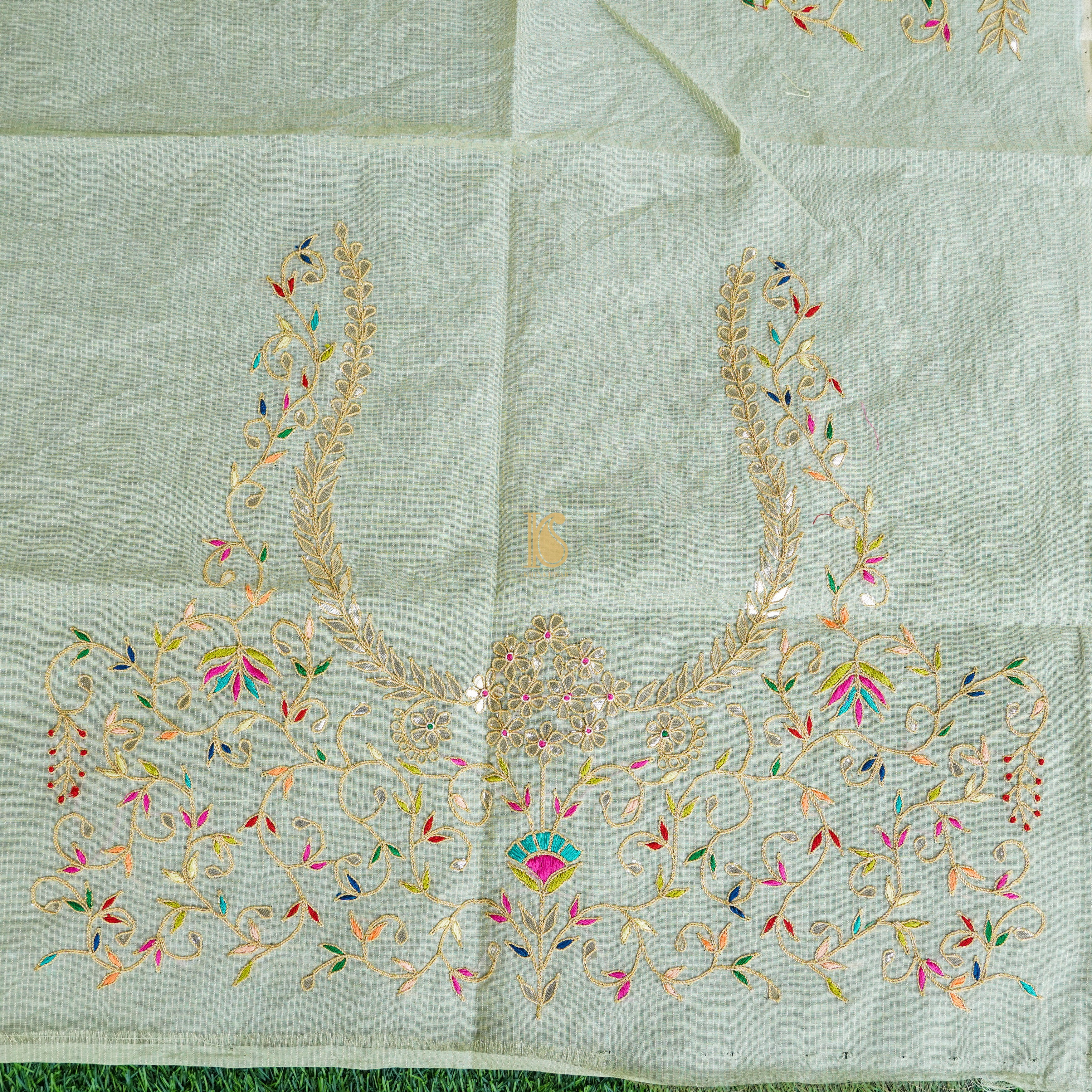 Pastel Green Pure Chanderi Embroidery Blouse Fabric - Khinkhwab