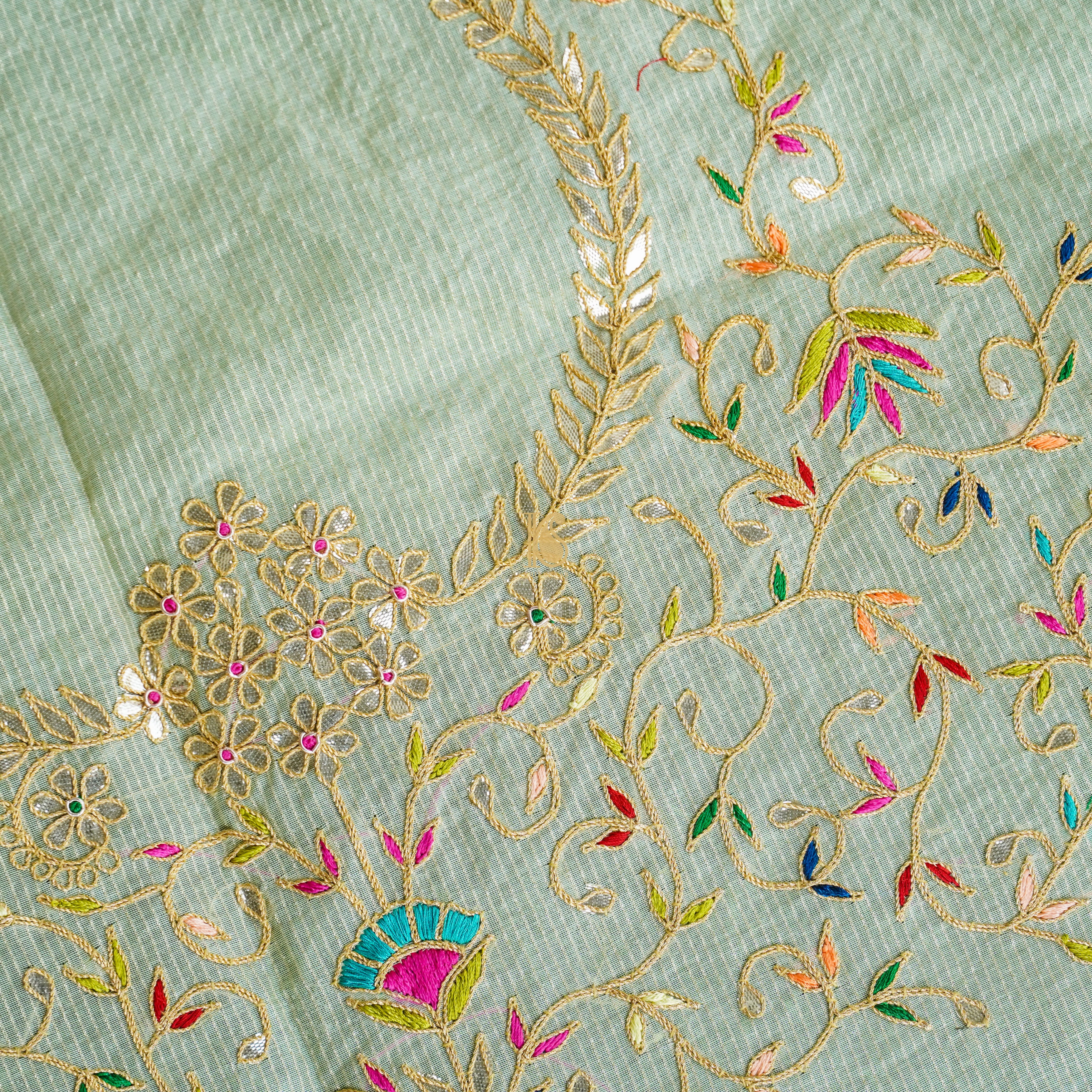 Pastel Green Pure Chanderi Embroidery Blouse Fabric - Khinkhwab