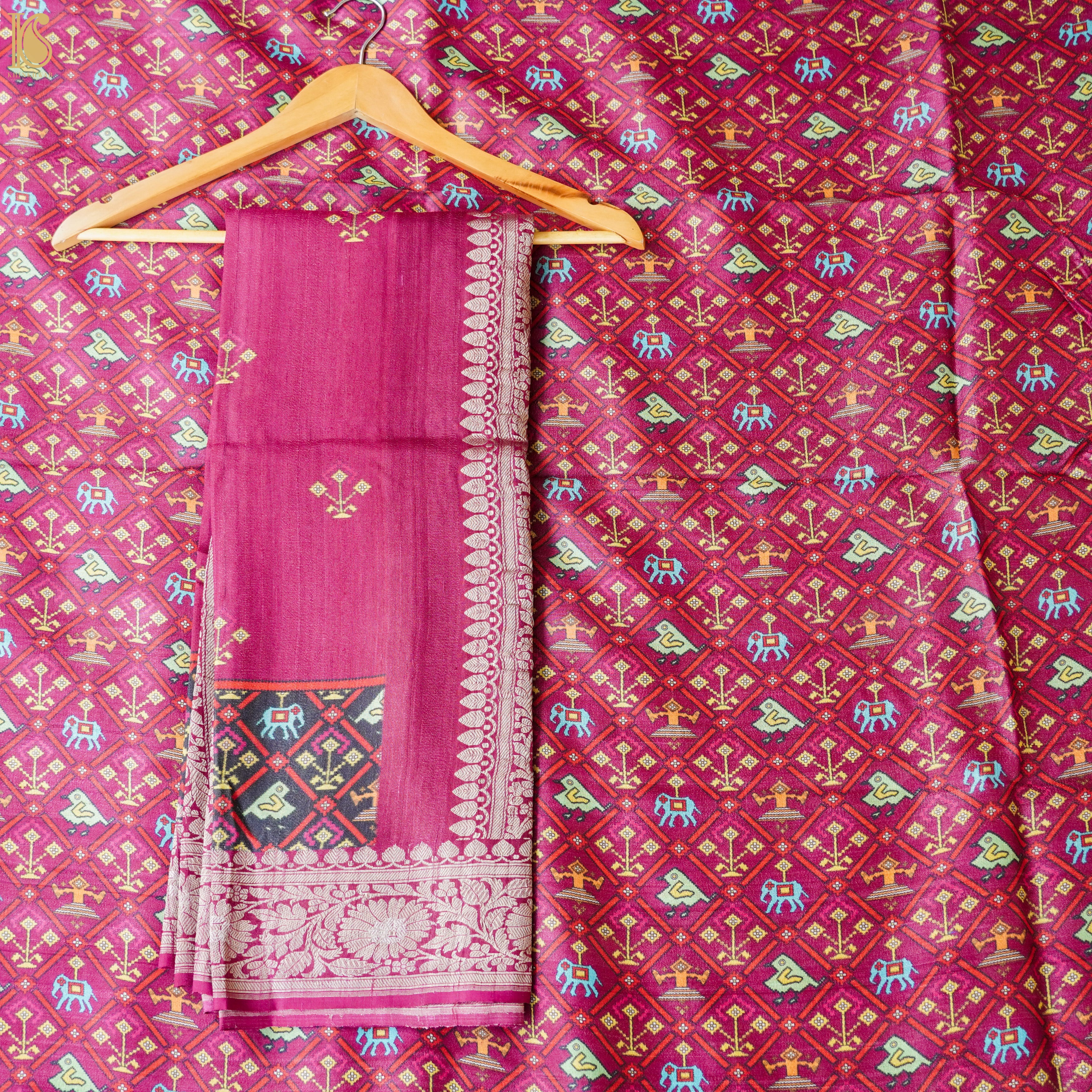 Ruby Red Handwoven Pure Tussar Silk Banarasi Print Suit Set - Khinkhwab
