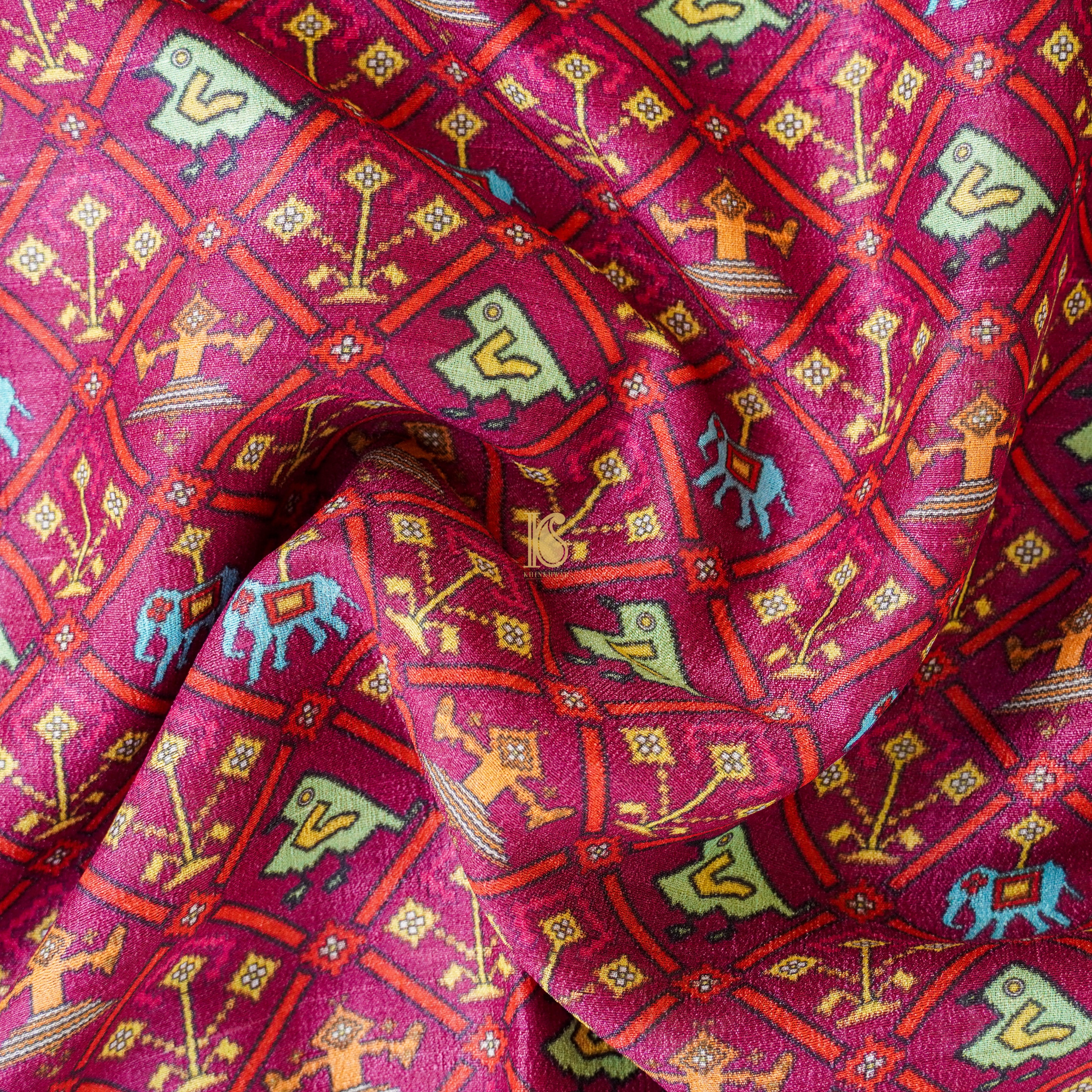 Ruby Red Handwoven Pure Tussar Silk Banarasi Print Suit Set - Khinkhwab