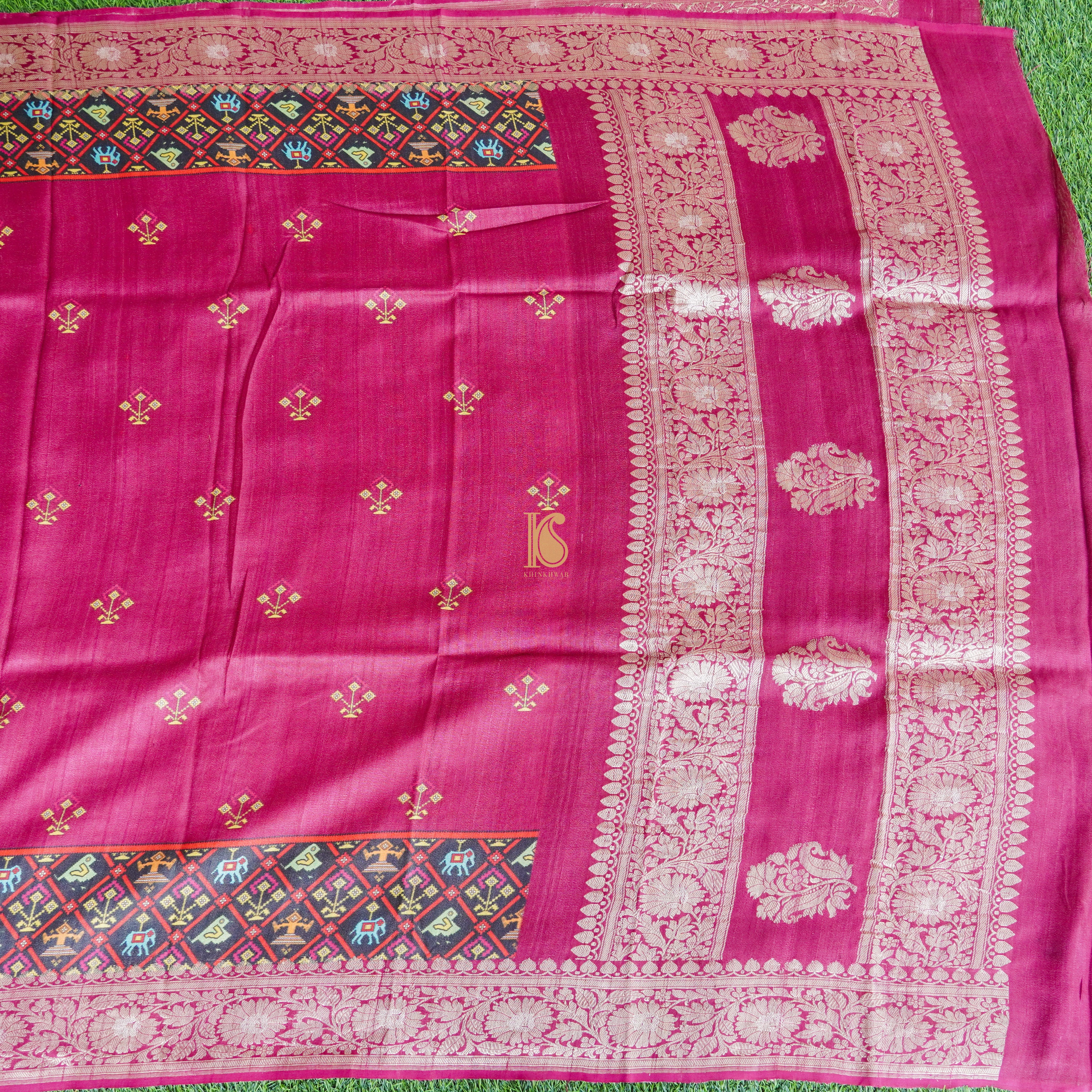 Ruby Red Handwoven Pure Tussar Silk Banarasi Print Suit Set - Khinkhwab