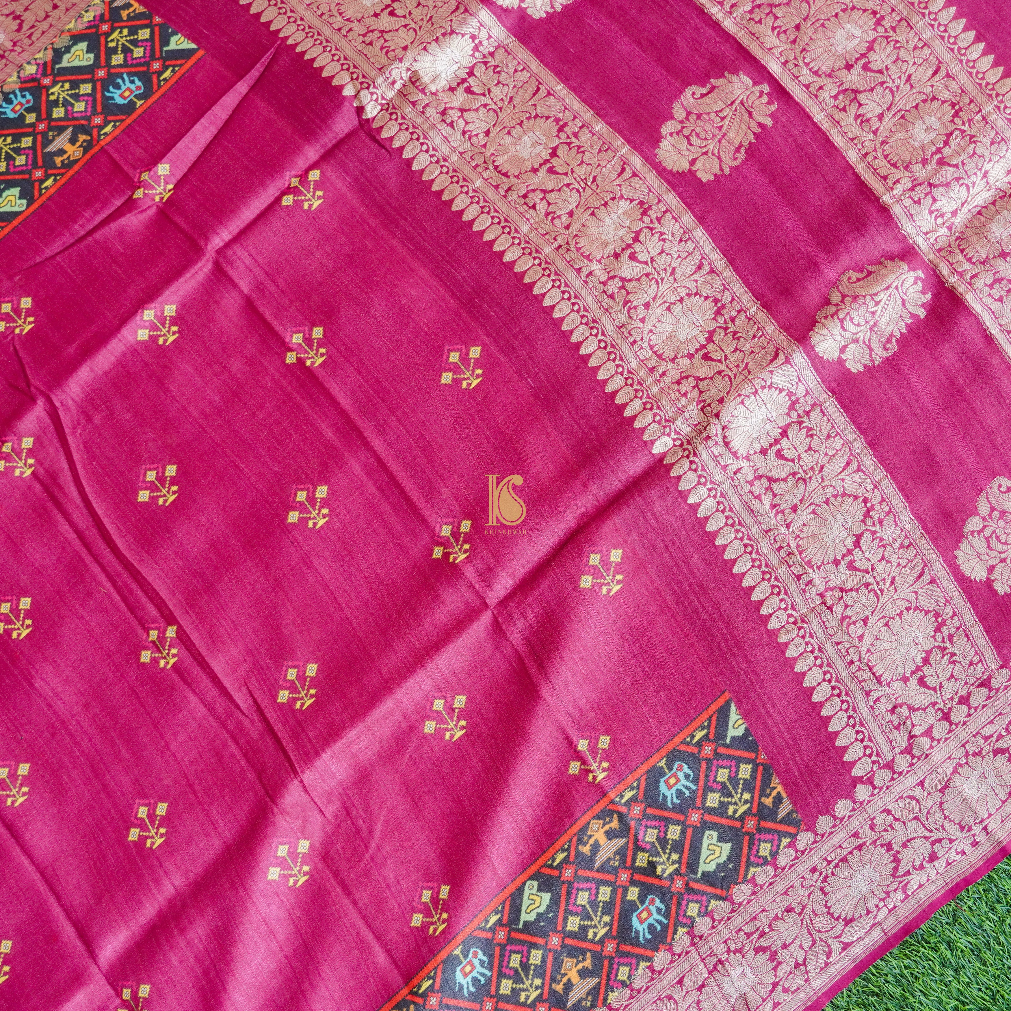 Ruby Red Handwoven Pure Tussar Silk Banarasi Print Suit Set - Khinkhwab