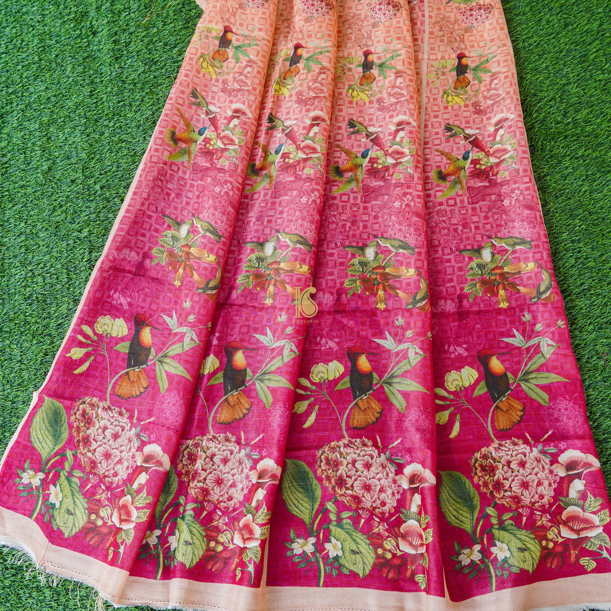 Cerise Pink Pure Tussar Silk Print Kalidar Lehenga Set - Khinkhwab