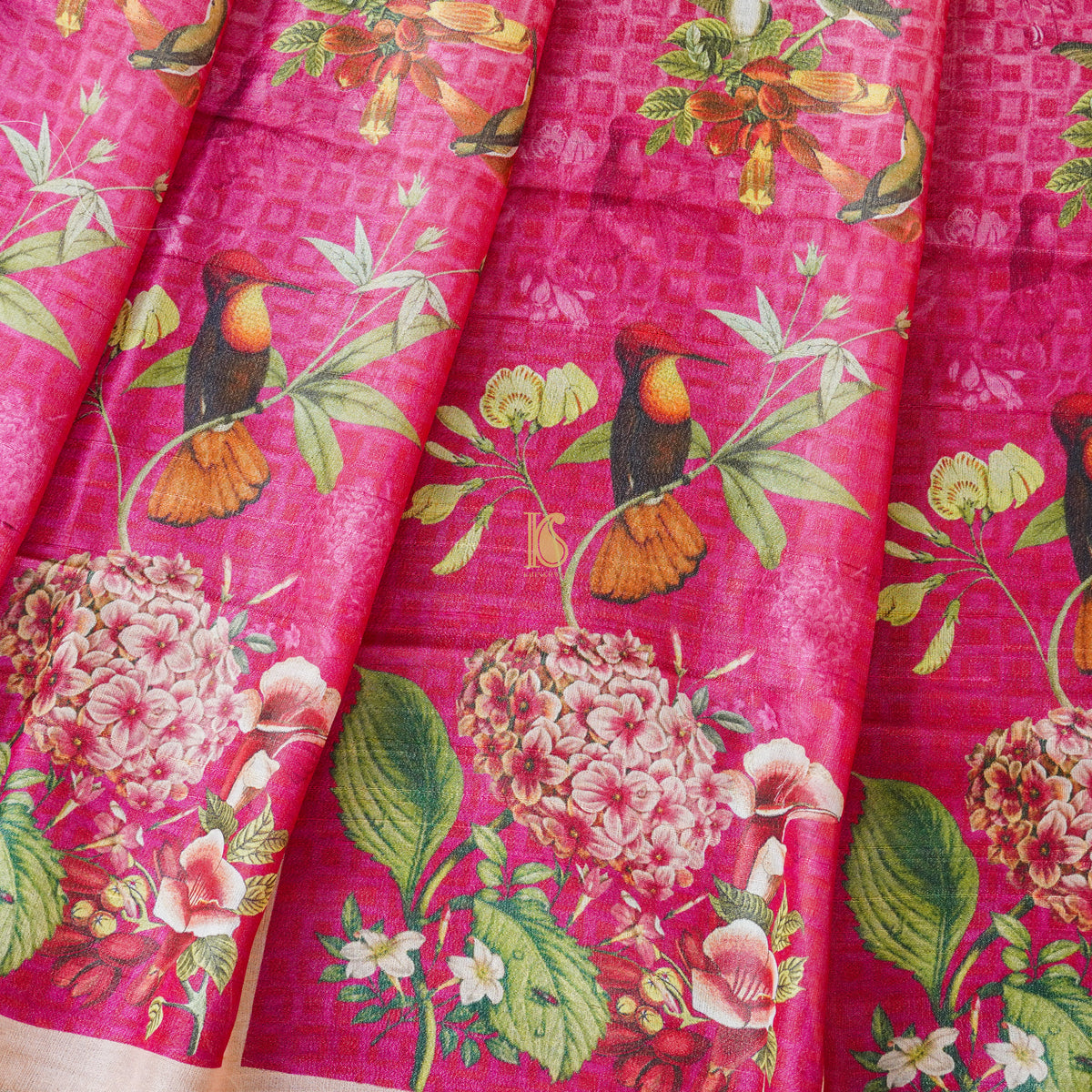 Cerise Pink Pure Tussar Silk Print Kalidar Lehenga Set - Khinkhwab