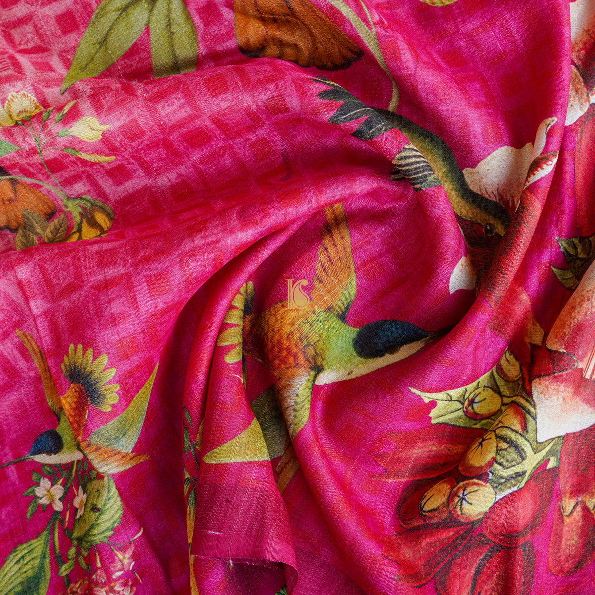 Cerise Pink Pure Tussar Silk Print Kalidar Lehenga Set - Khinkhwab