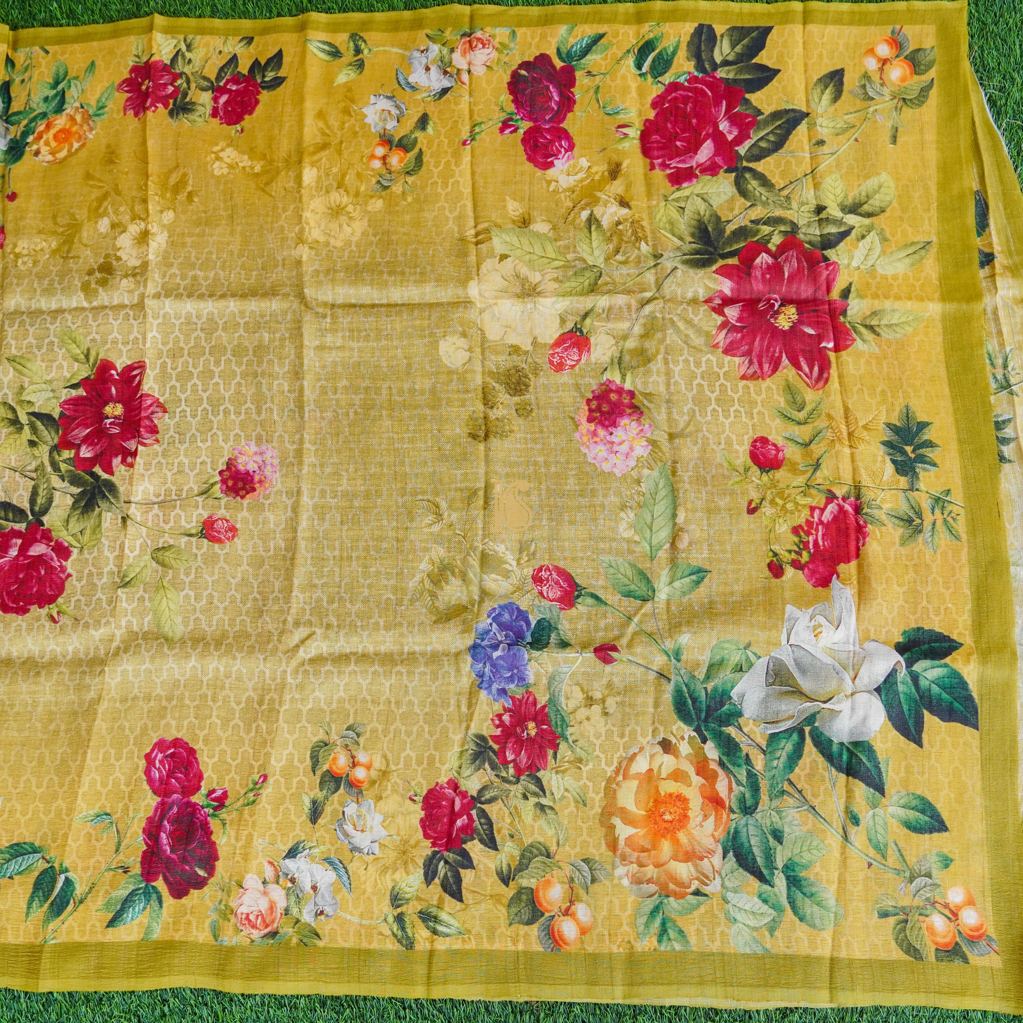 Nugget Yellow Pure Tussar Silk Print Kalidar Stitched Lehenga Set - Khinkhwab