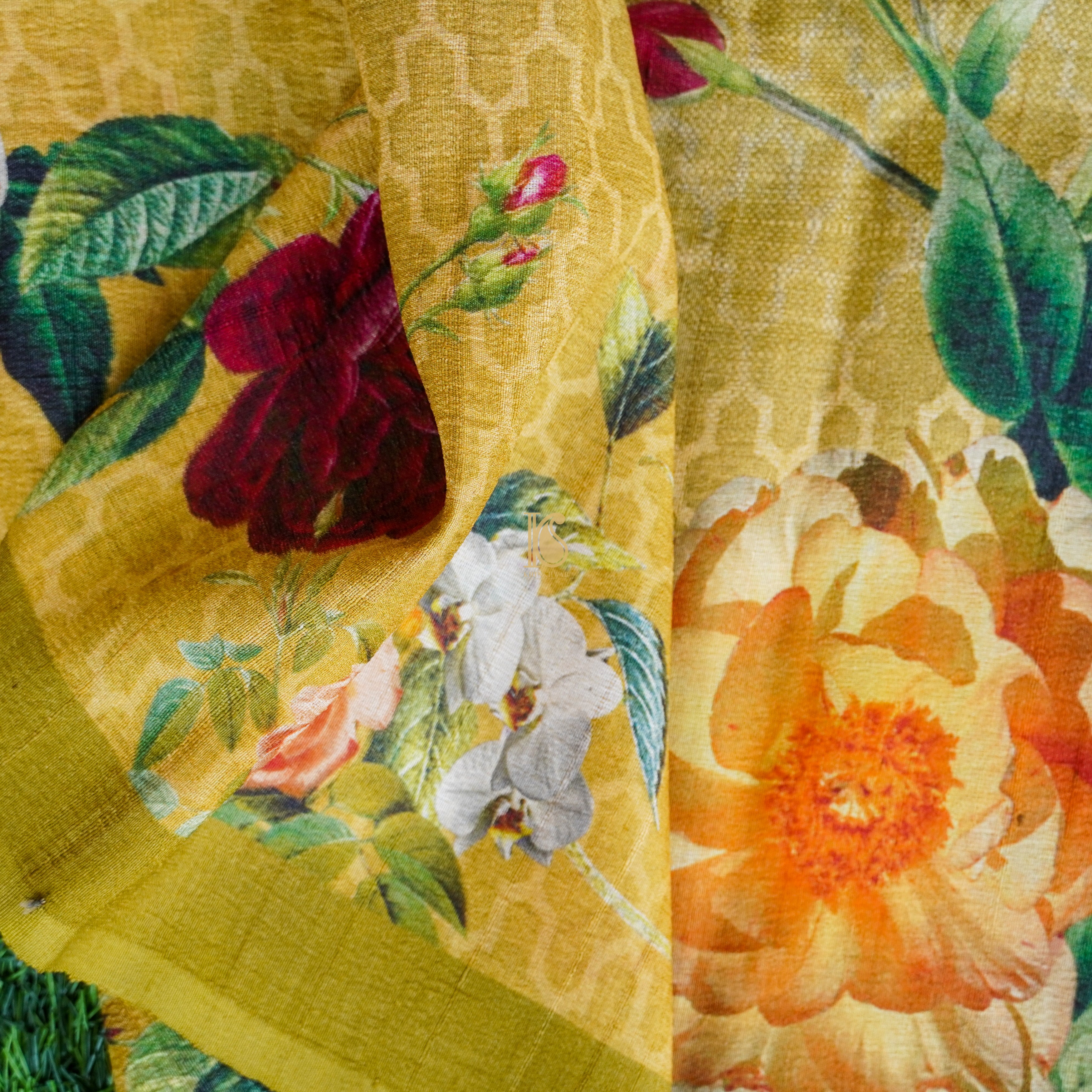 Nugget Yellow Pure Tussar Silk Print Kalidar Stitched Lehenga Set - Khinkhwab
