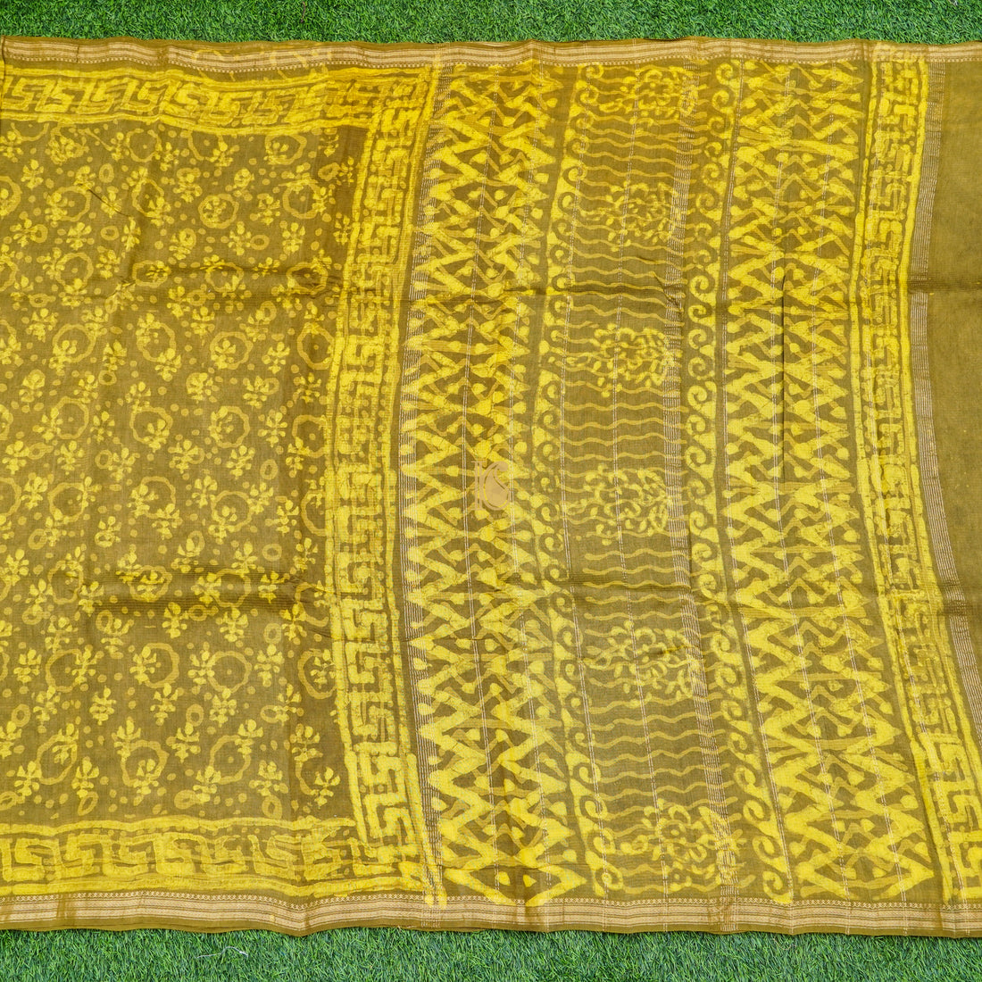 Barberry Yellow Pure Cotton Suti Dabu Print Saree - Khinkhwab