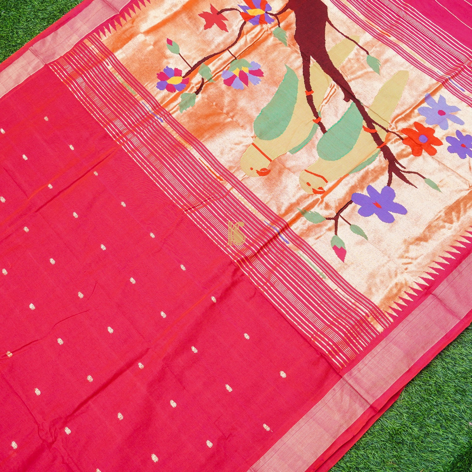 Cerise Pure Cotton Handwoven Paithani Parrot Saree - Khinkhwab