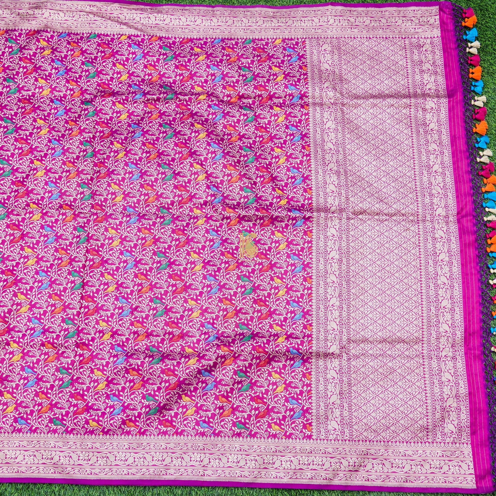 Violet Red Pure Katan Silk Handwoven Banarasi Jaal Bird Dupatta - Khinkhwab
